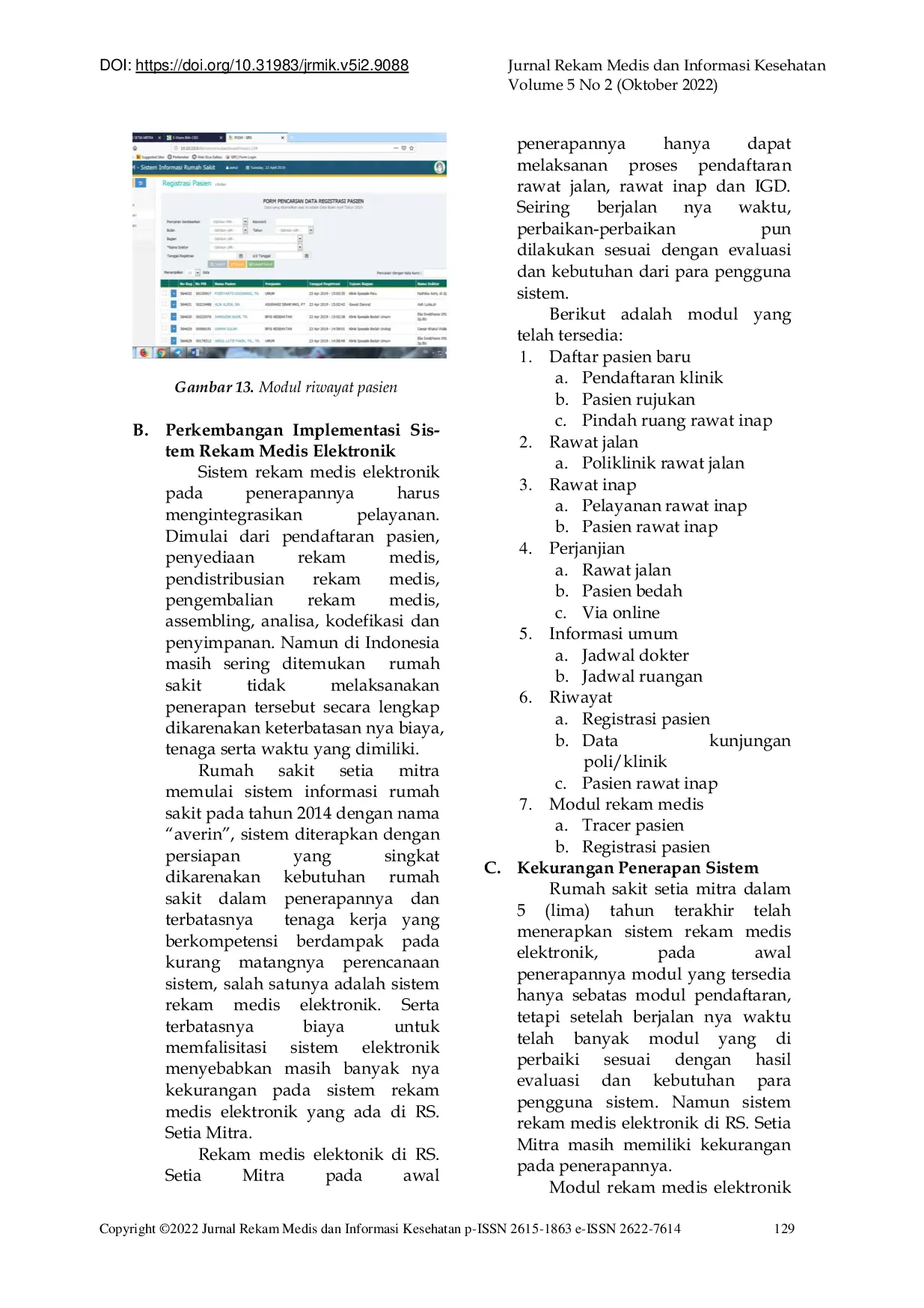 JURIS Analisa Pengaplikasian Sistem Rekam Medis Elektronik di Rumah Sakit Setia Mitra