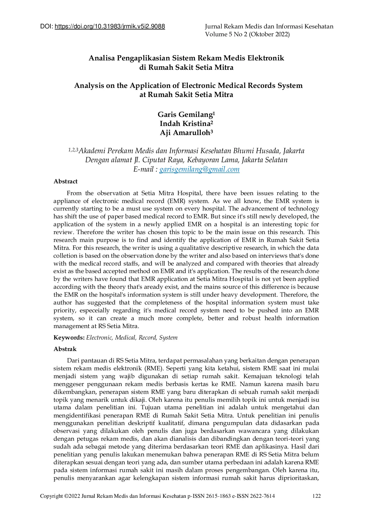 JURIS Analisa Pengaplikasian Sistem Rekam Medis Elektronik di Rumah Sakit Setia Mitra
