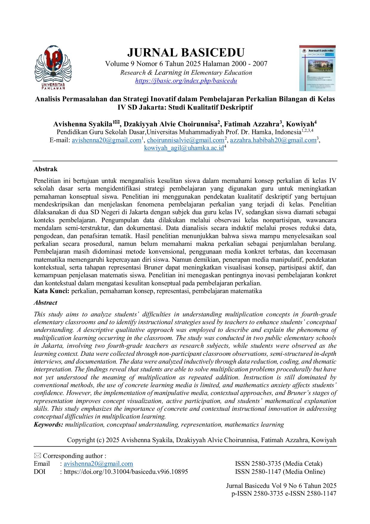 JURIS Analisis Permasalahan dan Strategi Inovatif dalam Pembelajaran Perkalian Bilangan di Kelas IV SD Jakarta Studi Kualitatif Deskriptif