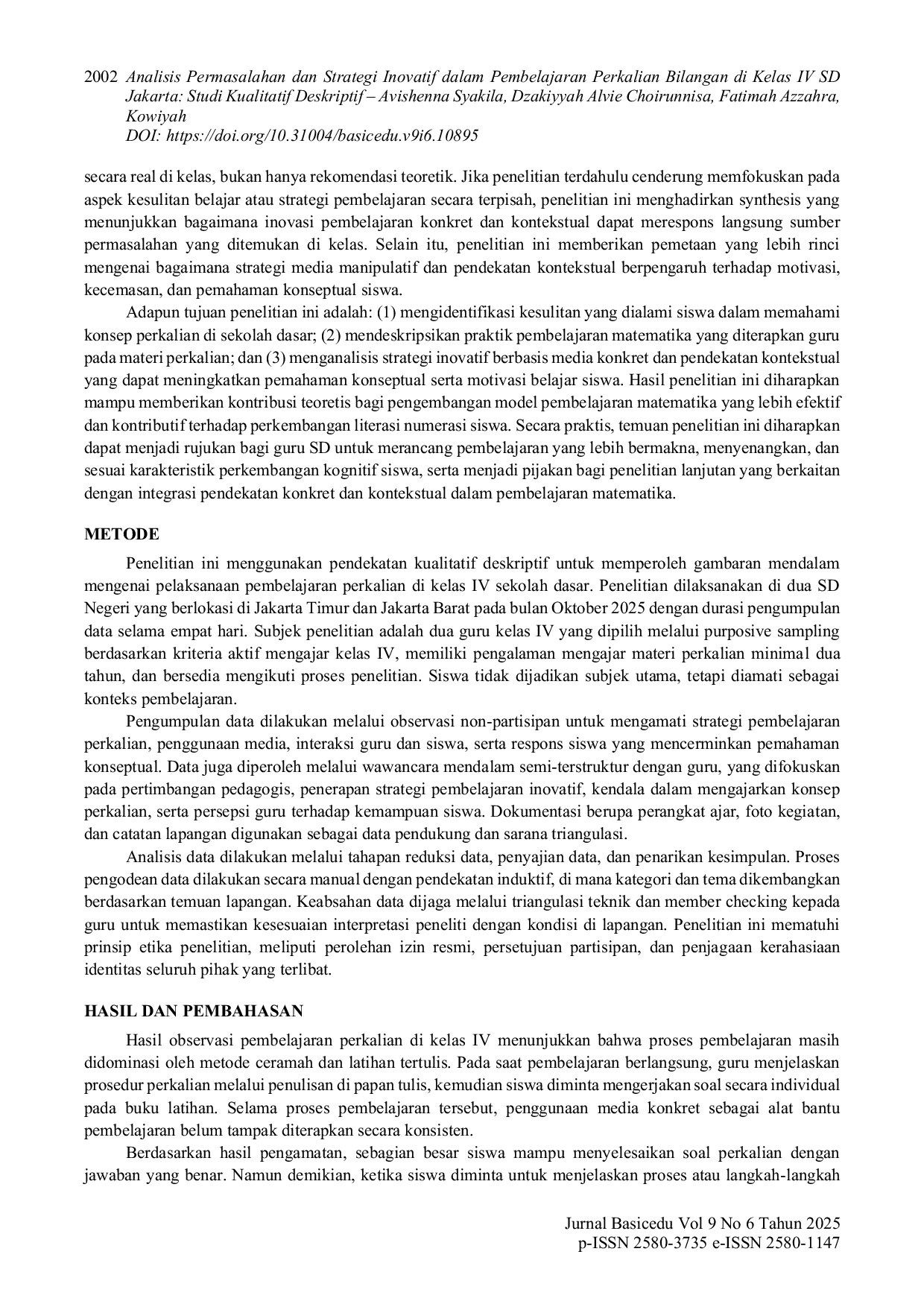 JURIS Analisis Permasalahan dan Strategi Inovatif dalam Pembelajaran Perkalian Bilangan di Kelas IV SD Jakarta Studi Kualitatif Deskriptif