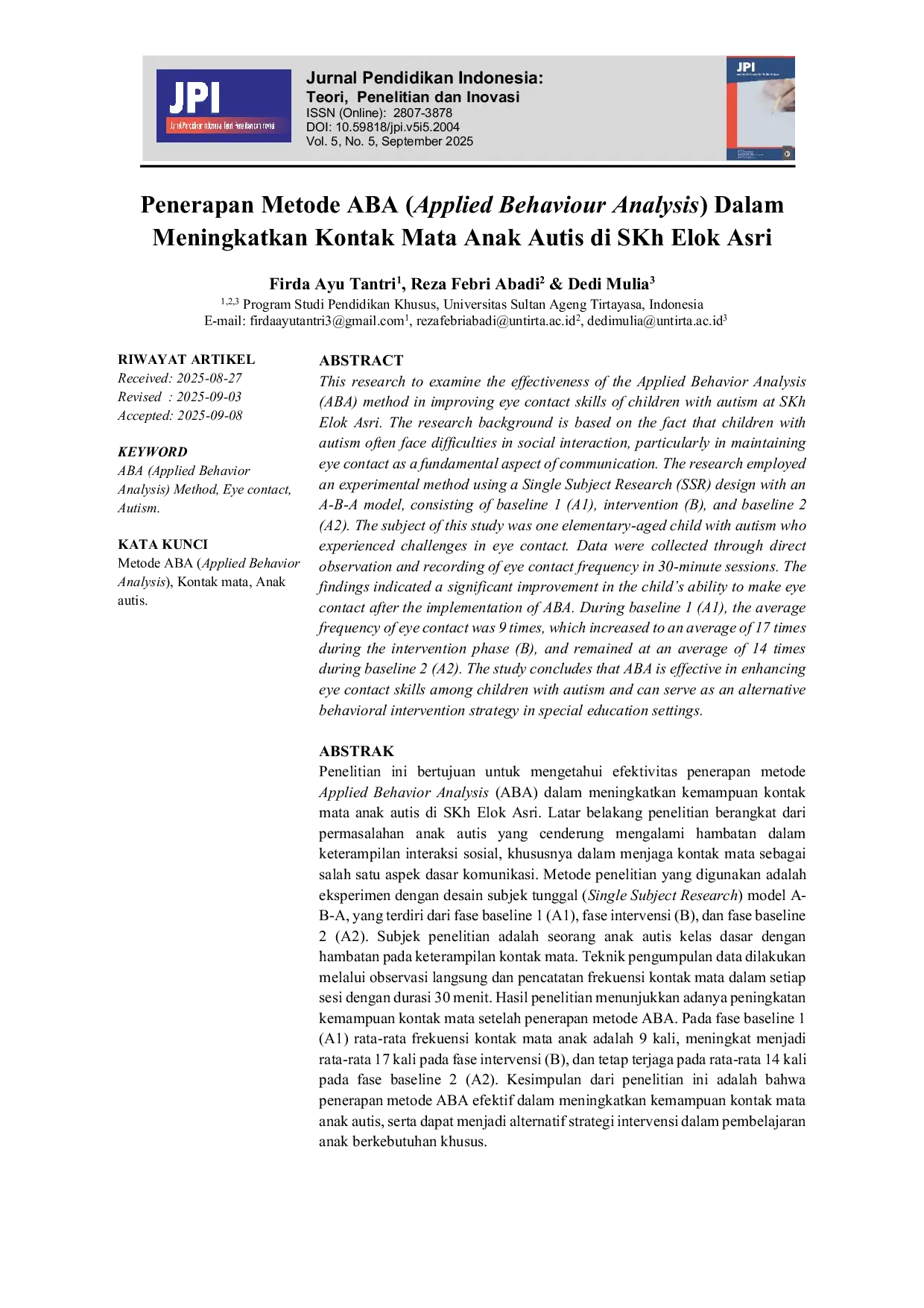 JURIS Penerapan Metode ABA Applied Behaviour Analysis Dalam Meningkatkan Kontak Mata Anak Autis di SKh Elok Asri