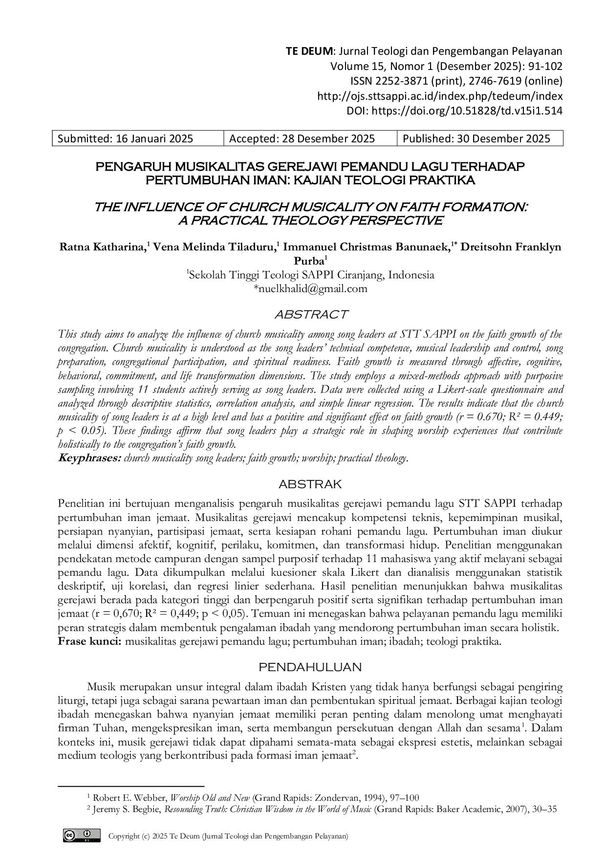JURIS Pengaruh Musikalitas Gerejawi Pemandu Lagu Terhadap Pertumbuhan Iman Kajian Teologi Praktika
