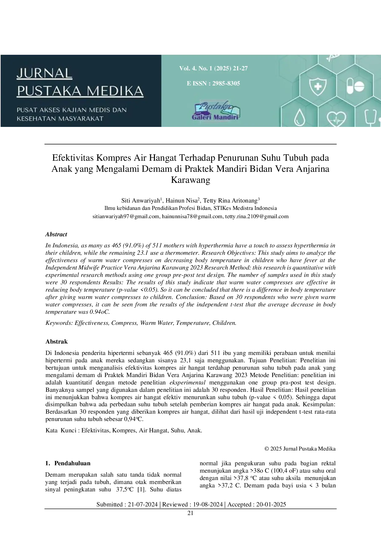 JURIS Efektivitas Kompres Air Hangat Terhadap Penurunan Suhu Tubuh pada Anak yang Mengalami Demam di Praktek Mandiri Bidan Vera Anjarina Karawang
