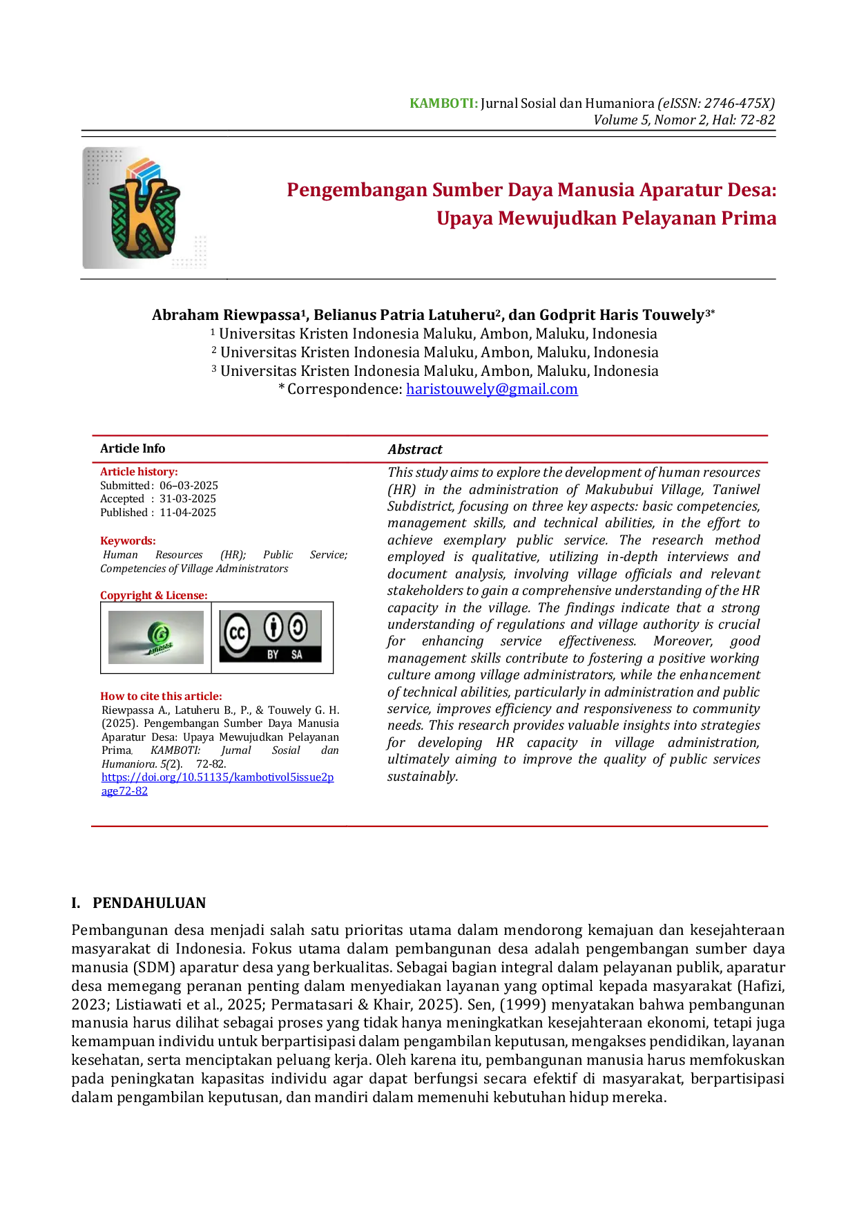 JURIS Pengembangan Sumber Daya Manusia Aparatur Desa Upaya Mewujudkan Pelayanan Prima