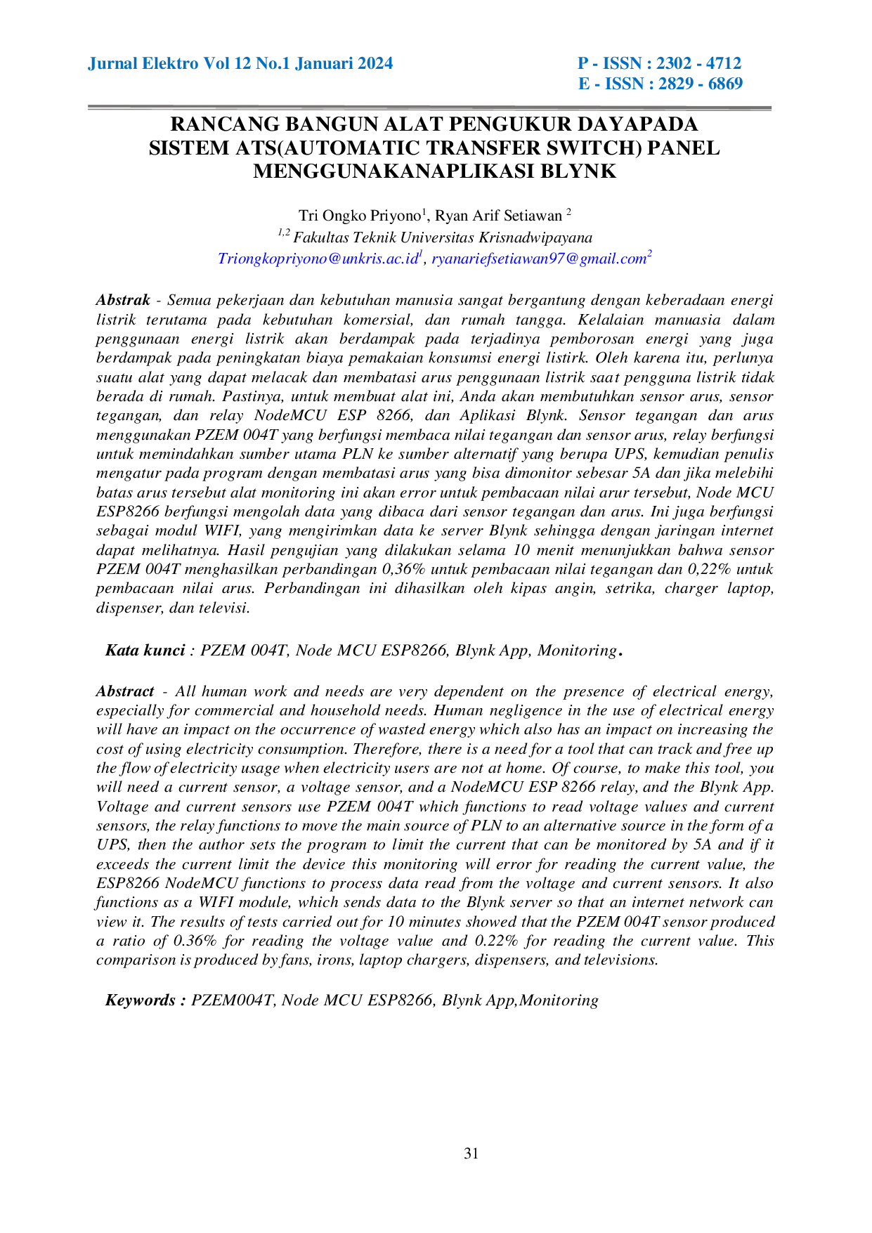 JURIS Design and Construction of a Power Measuring Device for the ATS Automatic Transfer Switch Panel Using Blynk Application