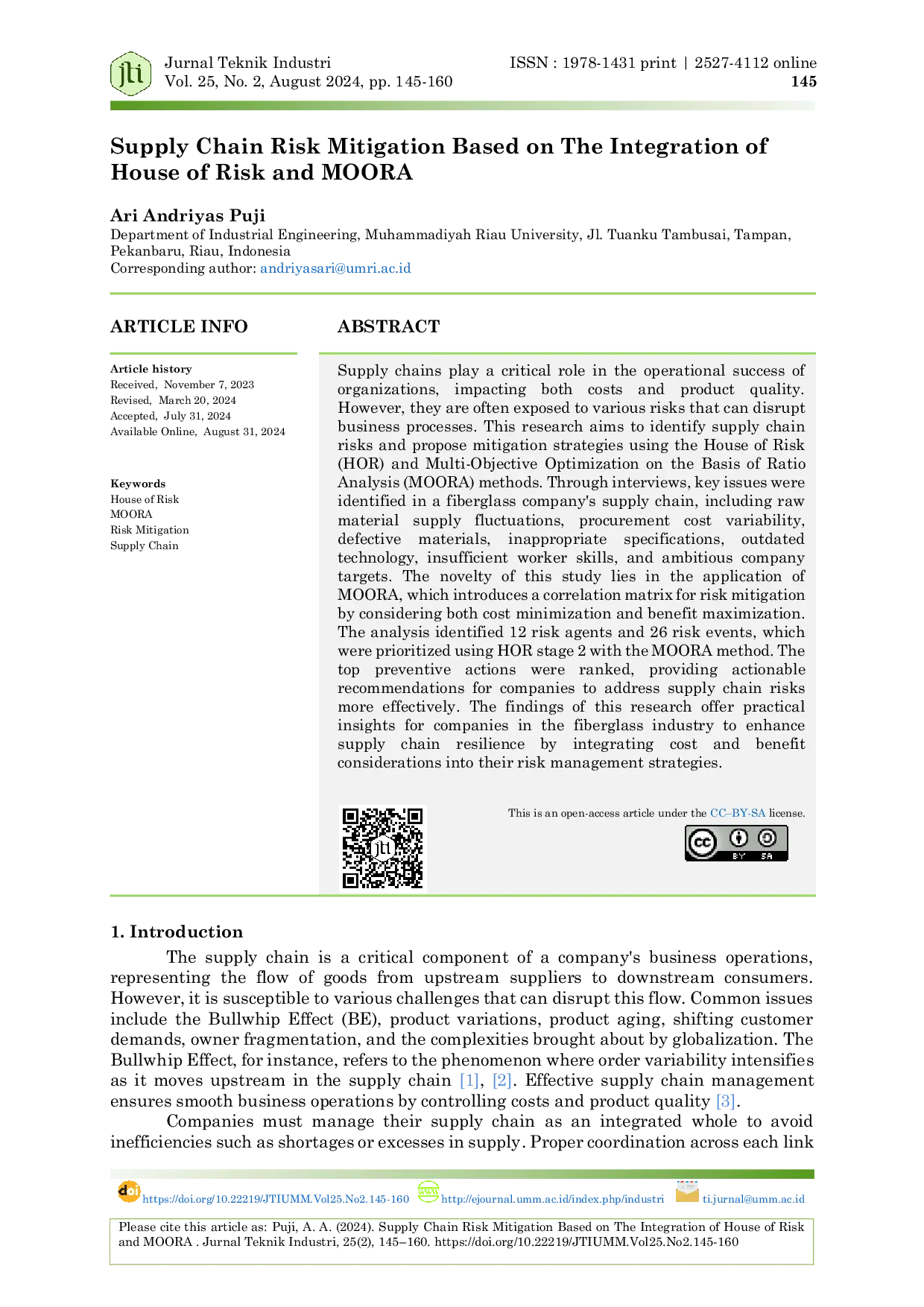 JURIS Supply Chain Risk Mitigation Based on The Integration of House of Risk and MOORA