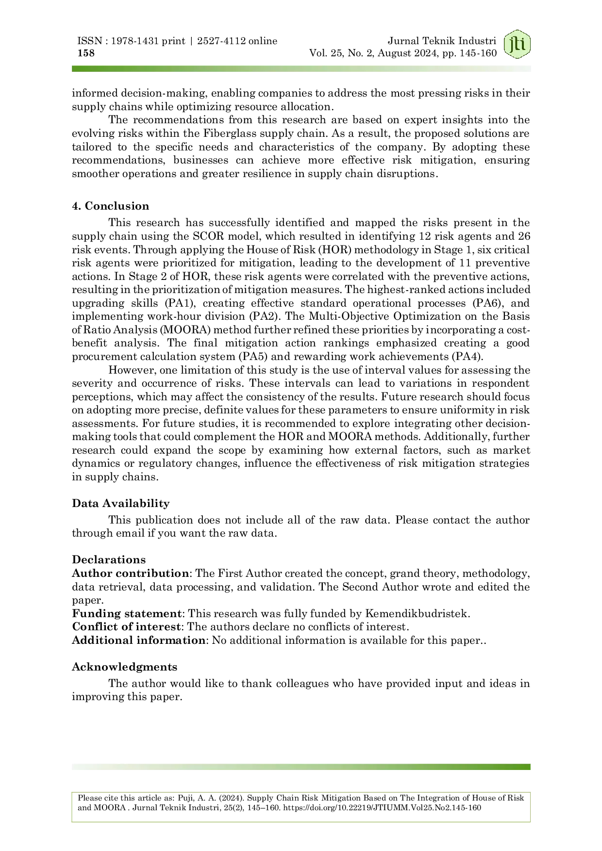 JURIS Supply Chain Risk Mitigation Based on The Integration of House of Risk and MOORA