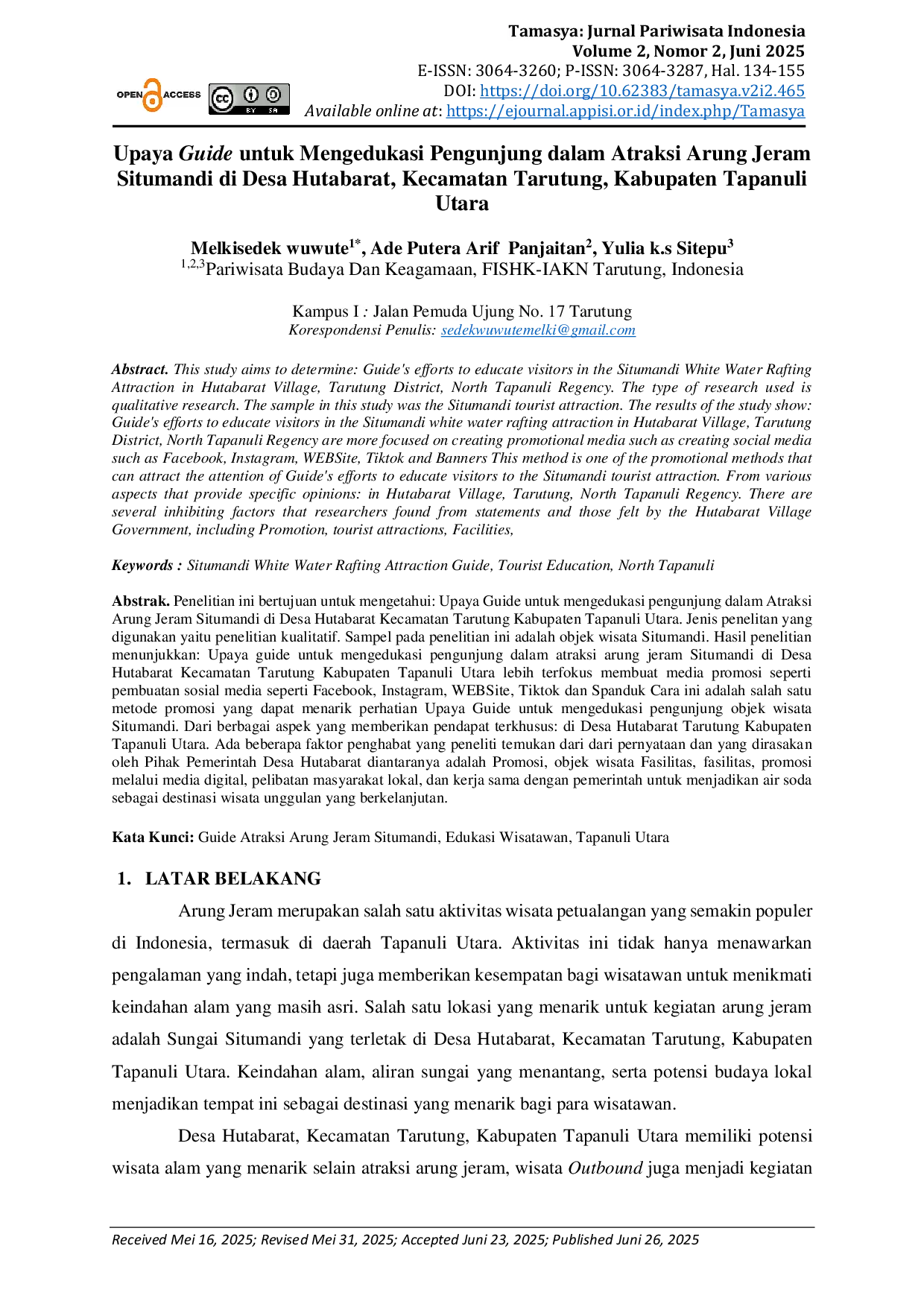 JURIS Upaya Guide untuk Mengedukasi Pengunjung dalam Atraksi Arung Jeram Situmandi di Desa Hutabarat Kecamatan Tarutung Kabupaten Tapanuli Utara