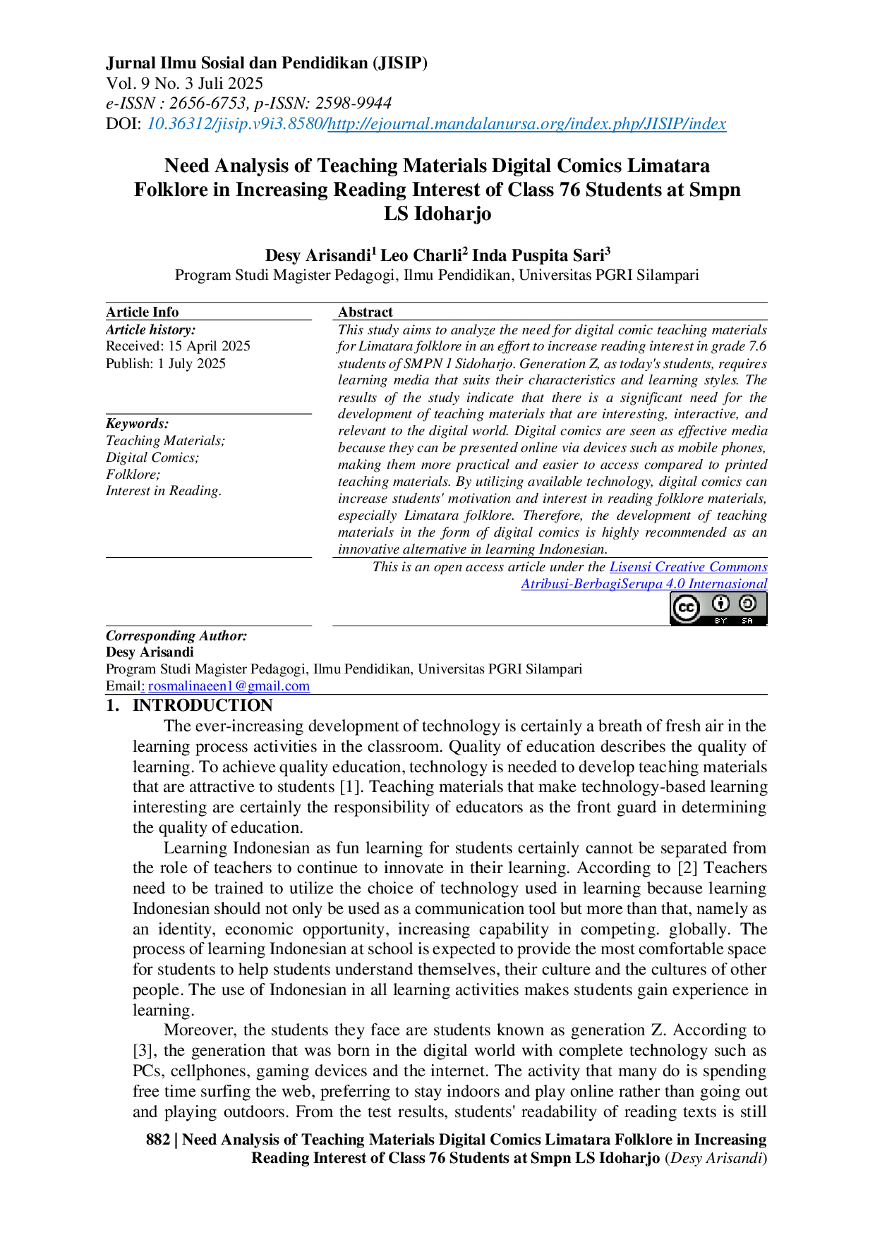 JURIS Need Analysis for Digital Comic Teaching Materials Limatara Folklore in Increasing Class 76 Students Reading Interest Middle School LS Idoharjo