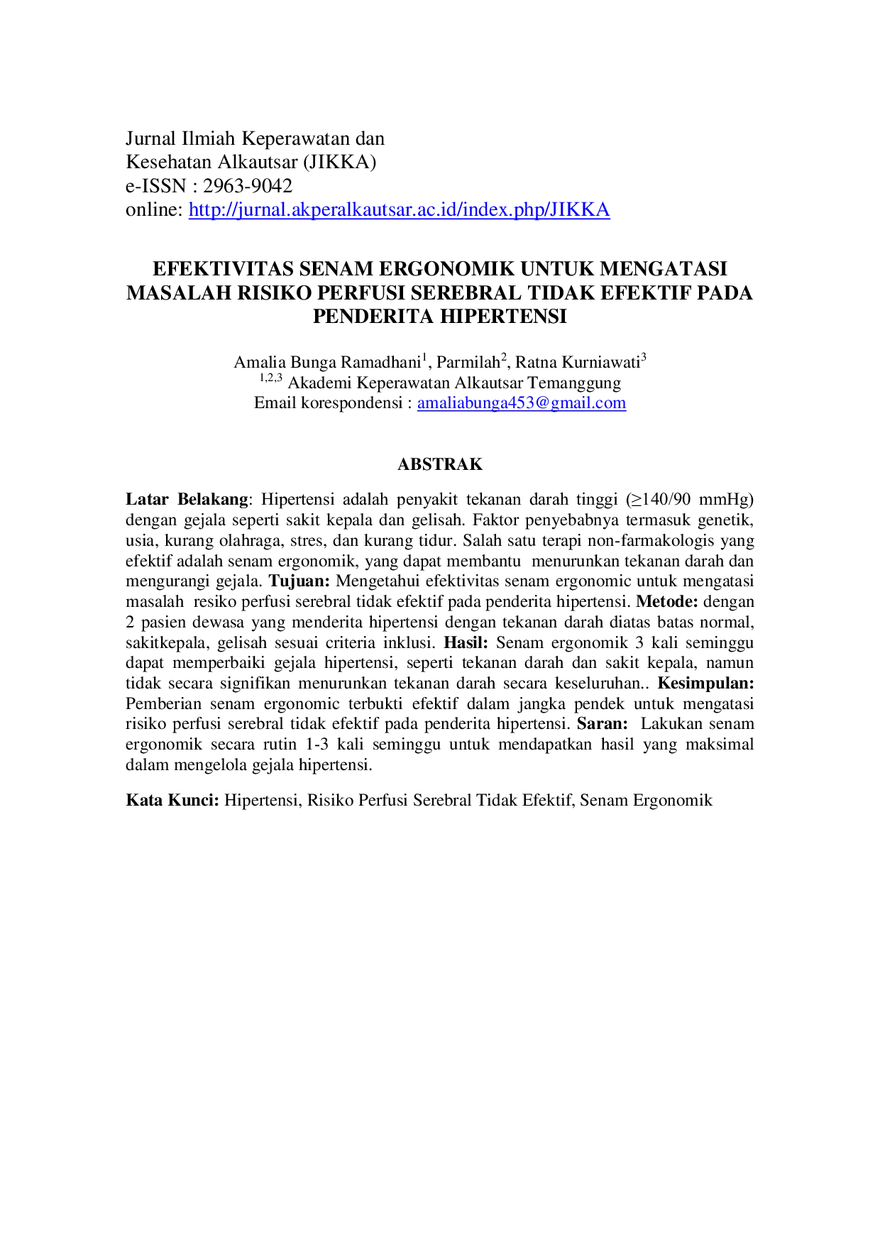 JURIS Efektivitas Senam Ergonomik untuk Mengatasi Masalah Risiko Perfusi Serebral Tidak Efektif pada Penderita Hipertensi
