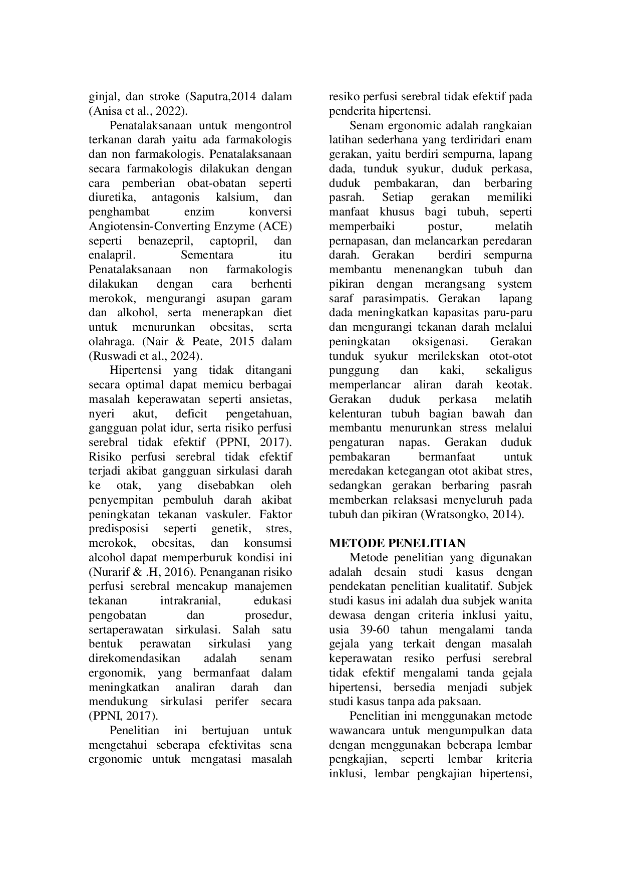 JURIS Efektivitas Senam Ergonomik untuk Mengatasi Masalah Risiko Perfusi Serebral Tidak Efektif pada Penderita Hipertensi