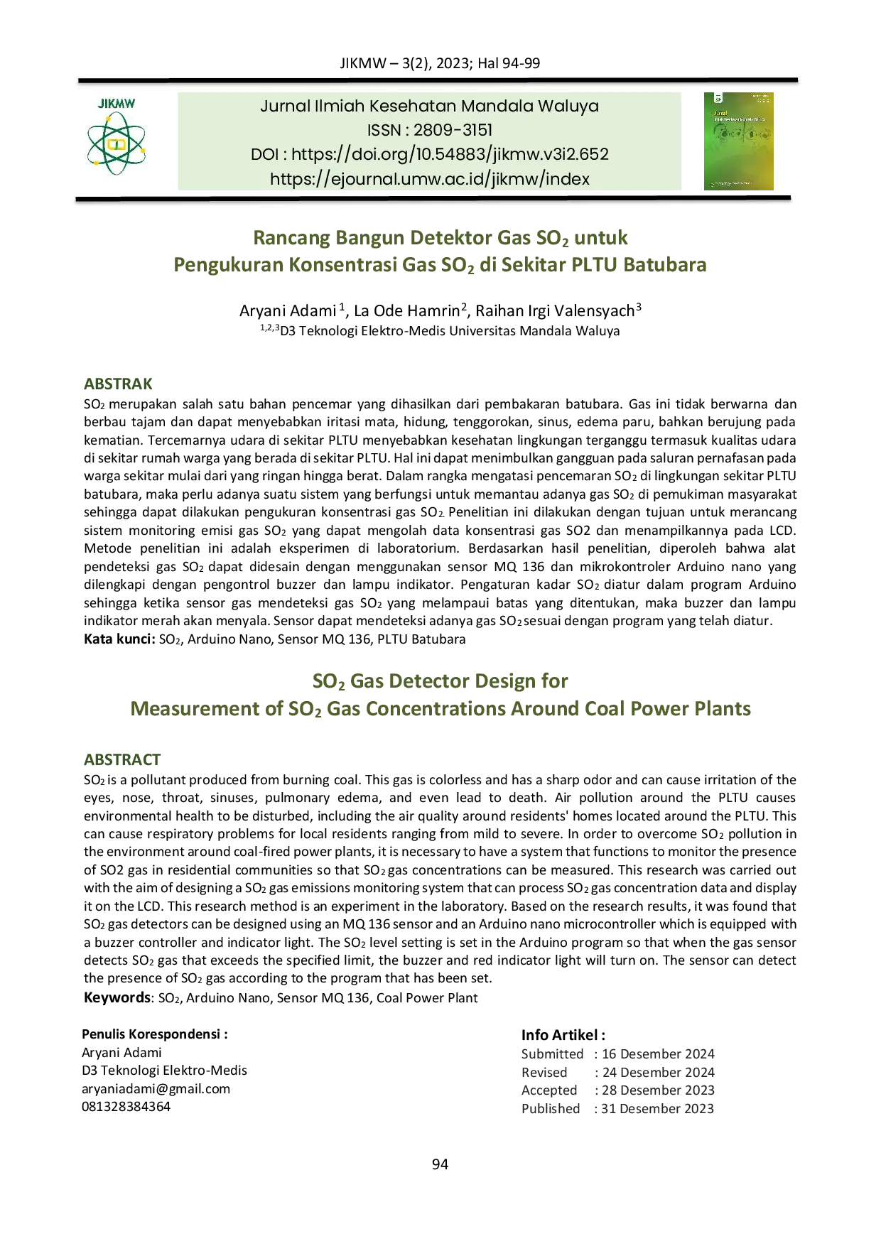 JURIS Rancang Bangun Detektor Gas SO2 untuk Pengukuran Konsentrasi Gas SO2 di Sekitar PLTU Batubara