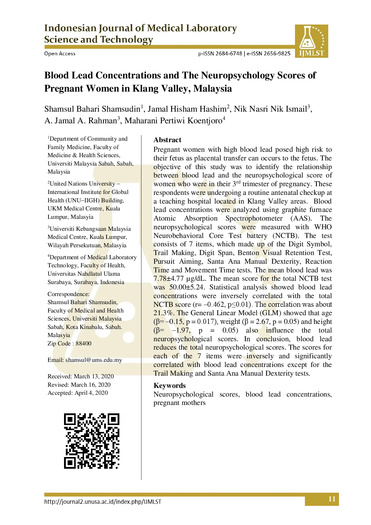juris Blood Lead Concentrations and the Neuropsychology Scores of Pregnant Women in Klang Valley Malaysia