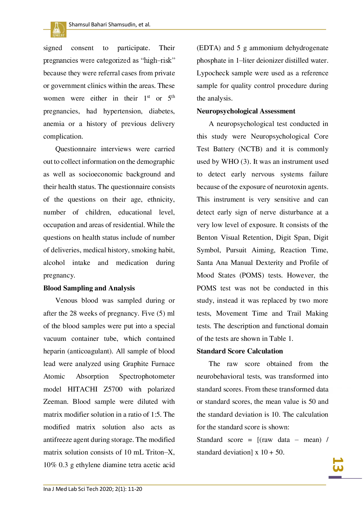 juris Blood Lead Concentrations and the Neuropsychology Scores of Pregnant Women in Klang Valley Malaysia
