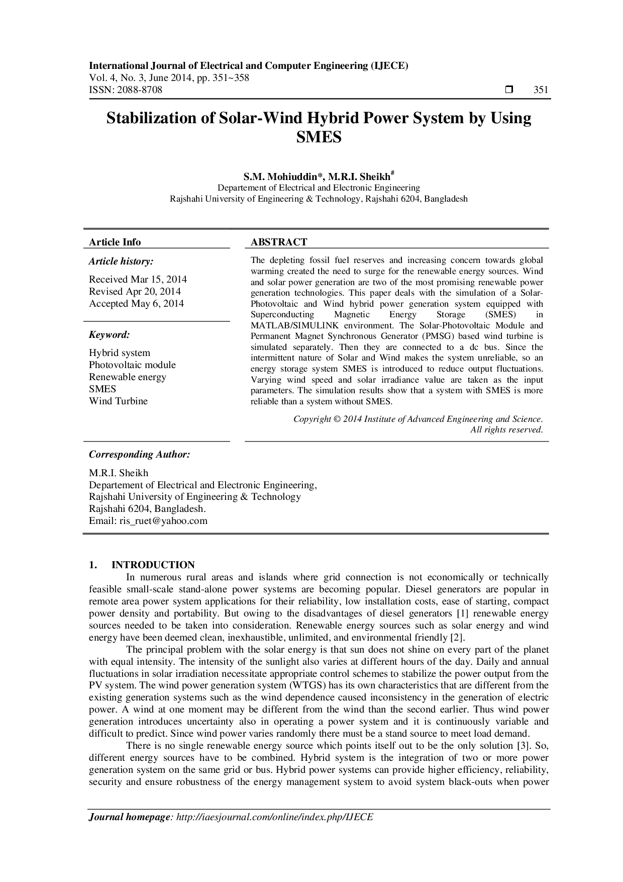juris Stabilization of Solar Wind Hybrid Power System by Using SMES