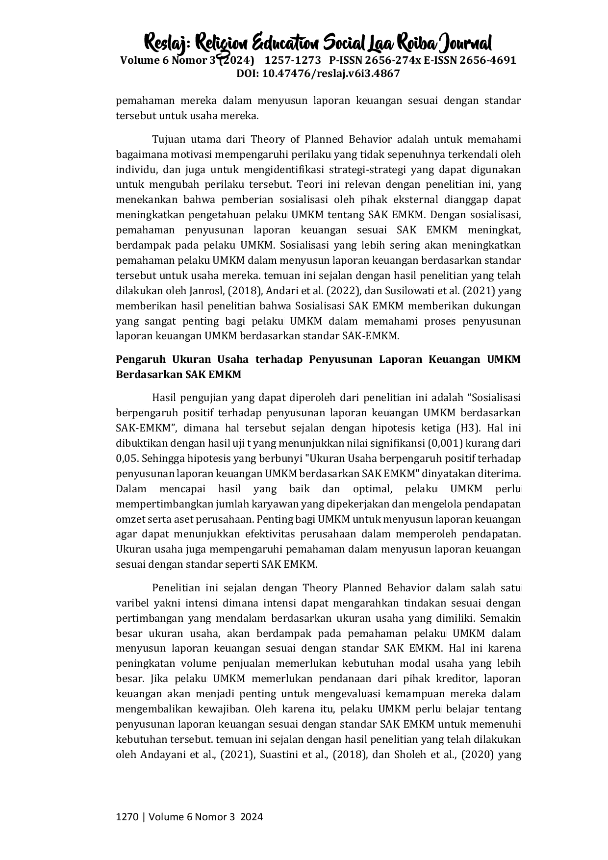 JURIS Pengaruh Pemahaman Akuntansi Sosialisasi dan Ukuran Usaha terhadap Penyusunan Laporan Keuangan UMKM Berdasarkan SAK EMKM