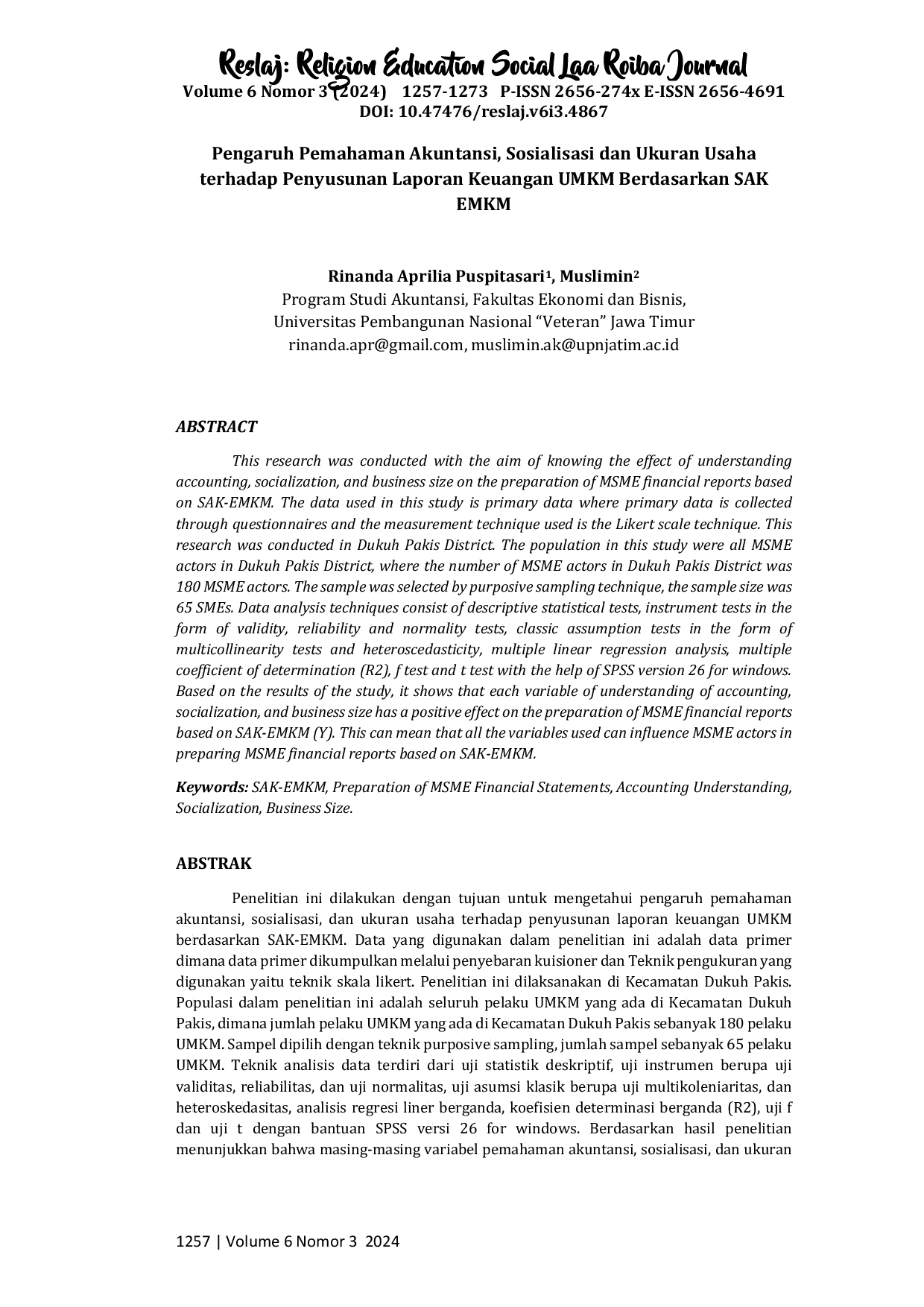 JURIS Pengaruh Pemahaman Akuntansi Sosialisasi dan Ukuran Usaha terhadap Penyusunan Laporan Keuangan UMKM Berdasarkan SAK EMKM