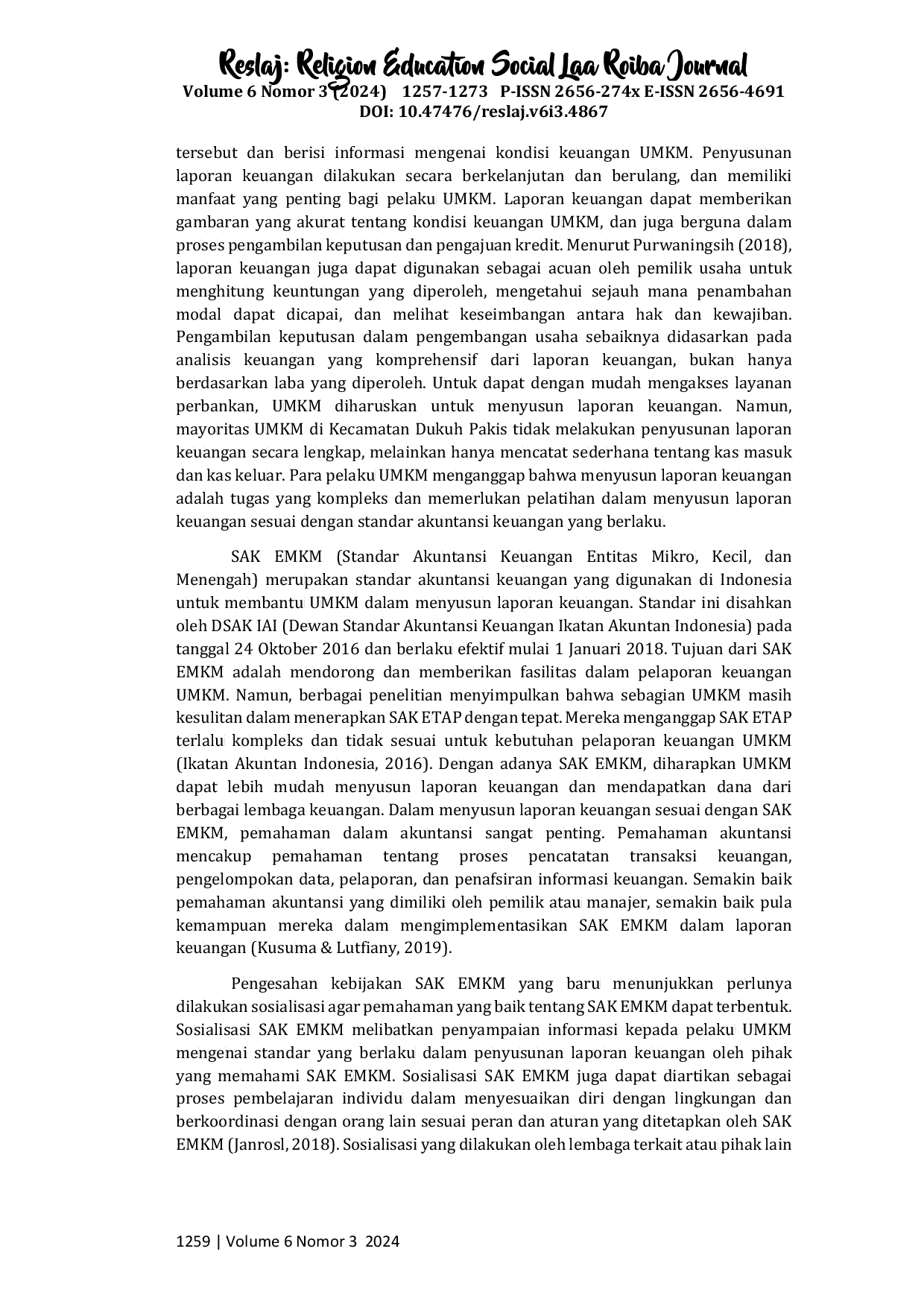 JURIS Pengaruh Pemahaman Akuntansi Sosialisasi dan Ukuran Usaha terhadap Penyusunan Laporan Keuangan UMKM Berdasarkan SAK EMKM