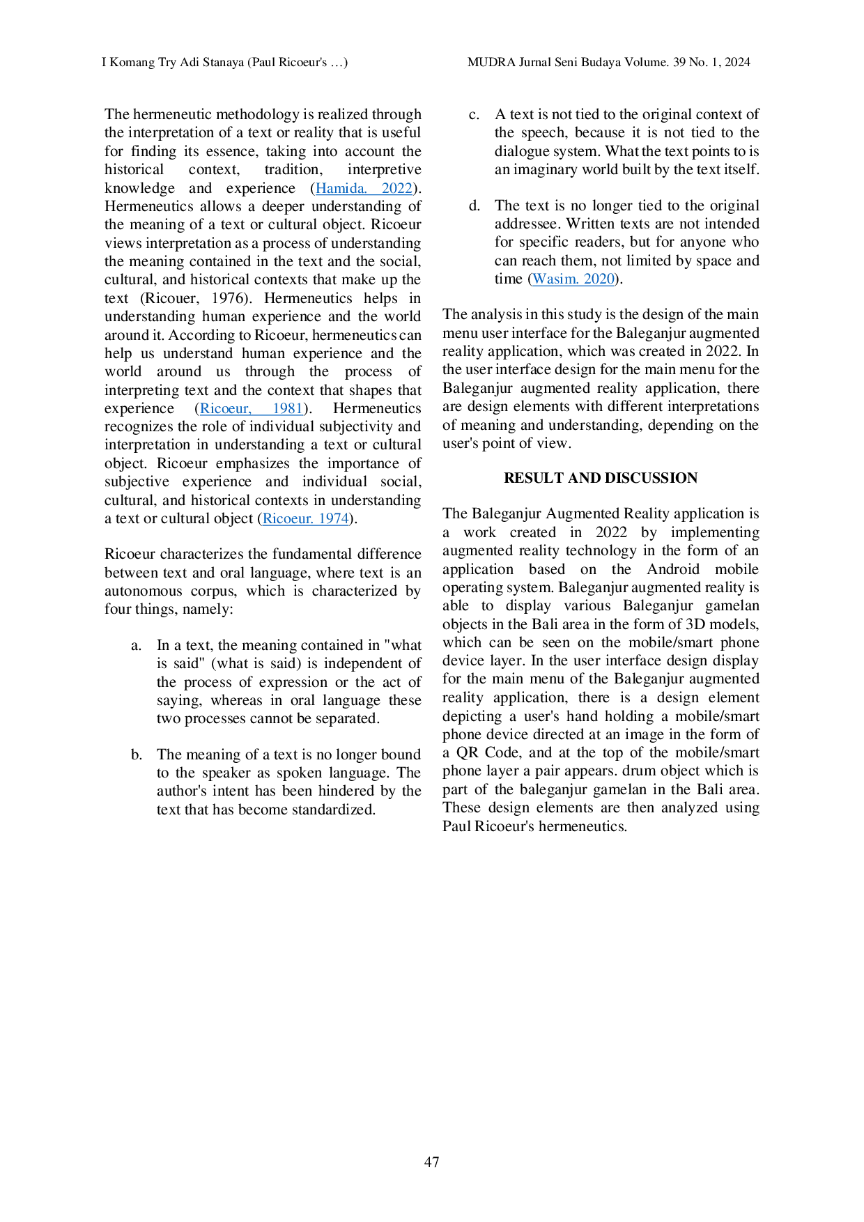 JURIS Paul Ricoeur s Hermeneutic Analysis on User Interface Design for Augmented Reality Baleganjur Applications