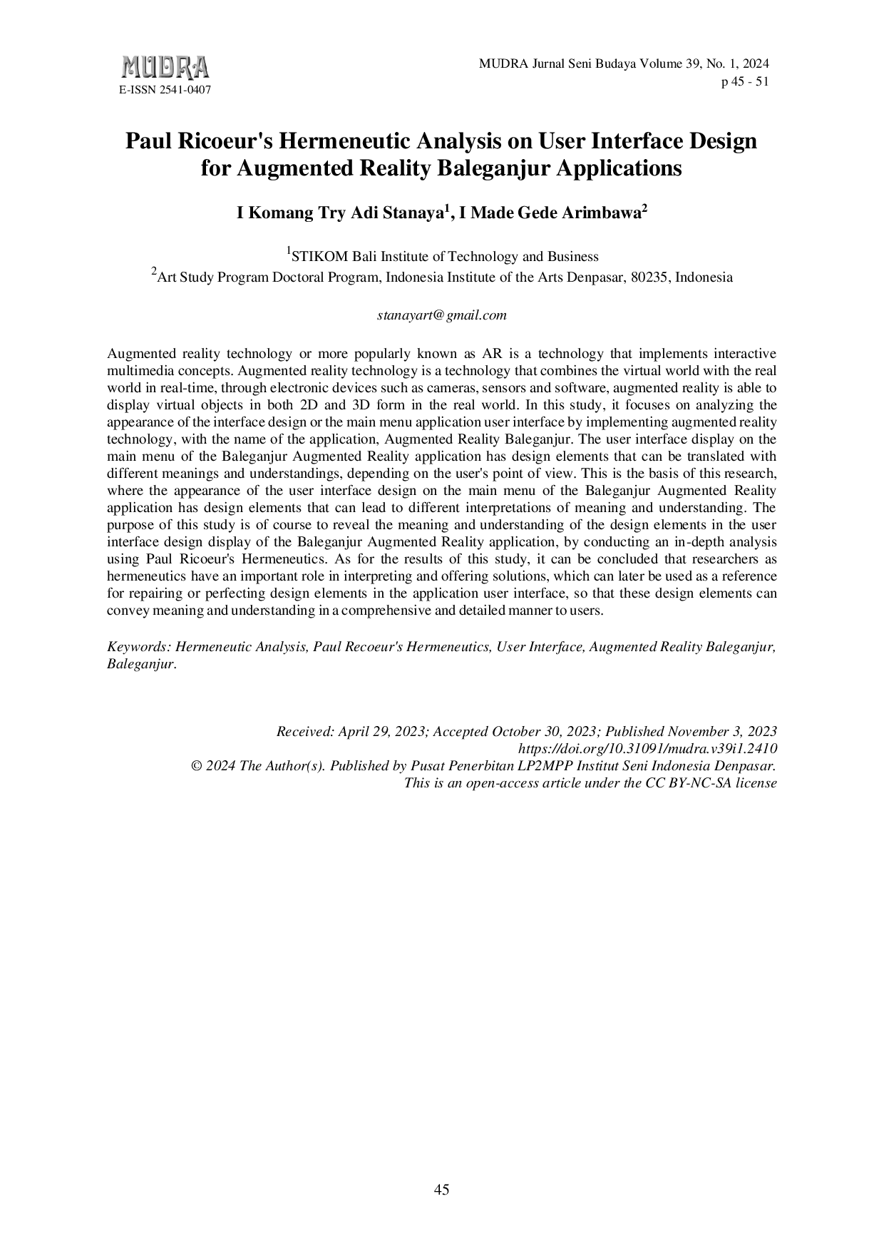 JURIS Paul Ricoeur s Hermeneutic Analysis on User Interface Design for Augmented Reality Baleganjur Applications