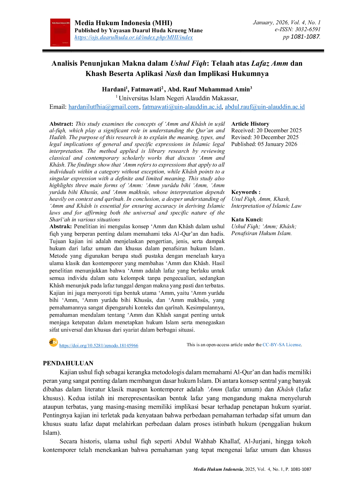 JURIS Analisis Penunjukan Makna dalam Ushul Fiqh Telaah atas Lafaz Amm dan Khash Beserta Aplikasi Nash dan Implikasi Hukumnya