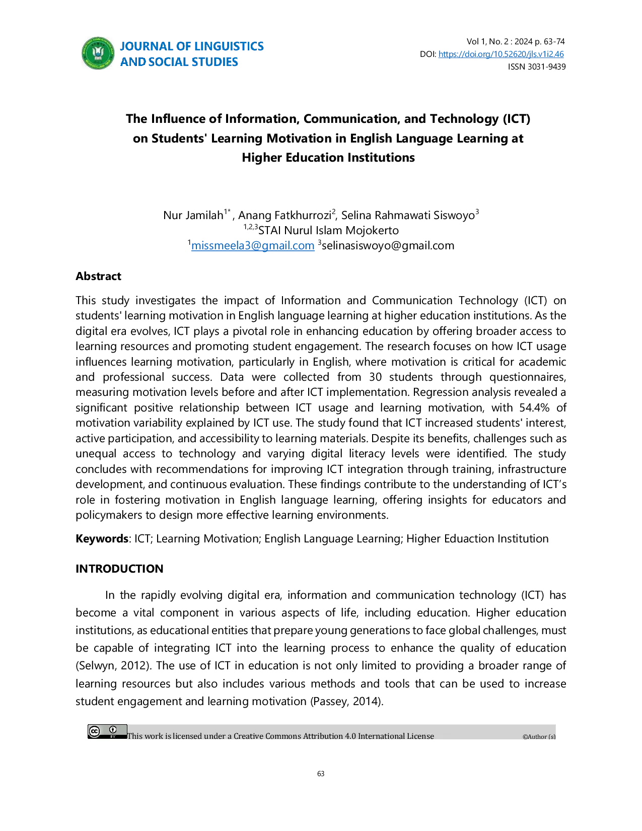 JURIS The Influence of Information Communication and Technology ICT on Students Learning Motivation in English Language Learning at Higher Education Institutions