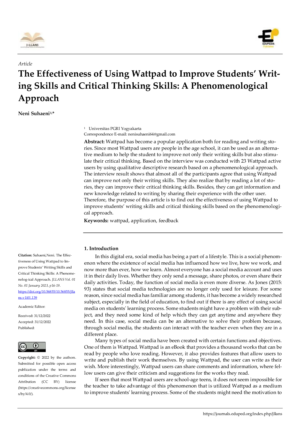 JURIS The Effectiveness of Using Wattpad to Improve Students Writing Skills and Critical Thinking Skills A Phenomenolog ical Approach