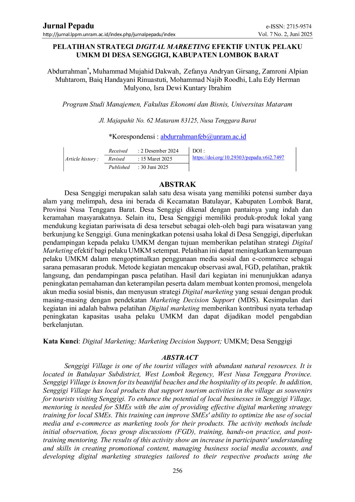 JURIS Pelatihan Strategi Digital Marketing Efektif Untuk Pelaku Umkm Di Desa Senggigi Kabupaten Lombok Barat