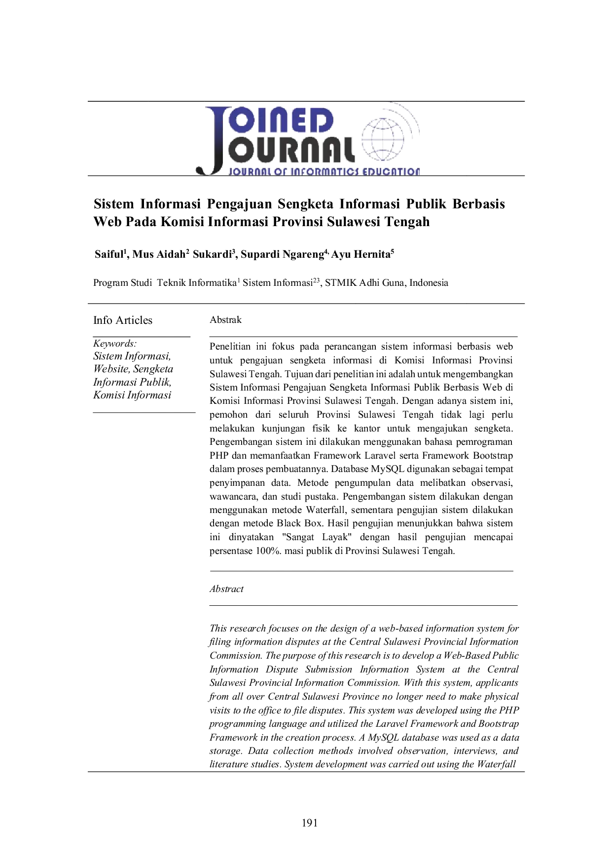 JURIS Sistem Informasi Pengajuan Sengketa Informasi Publik Berbasis Web pada Komisi Informasi Provinsi Sulawesi Tengah