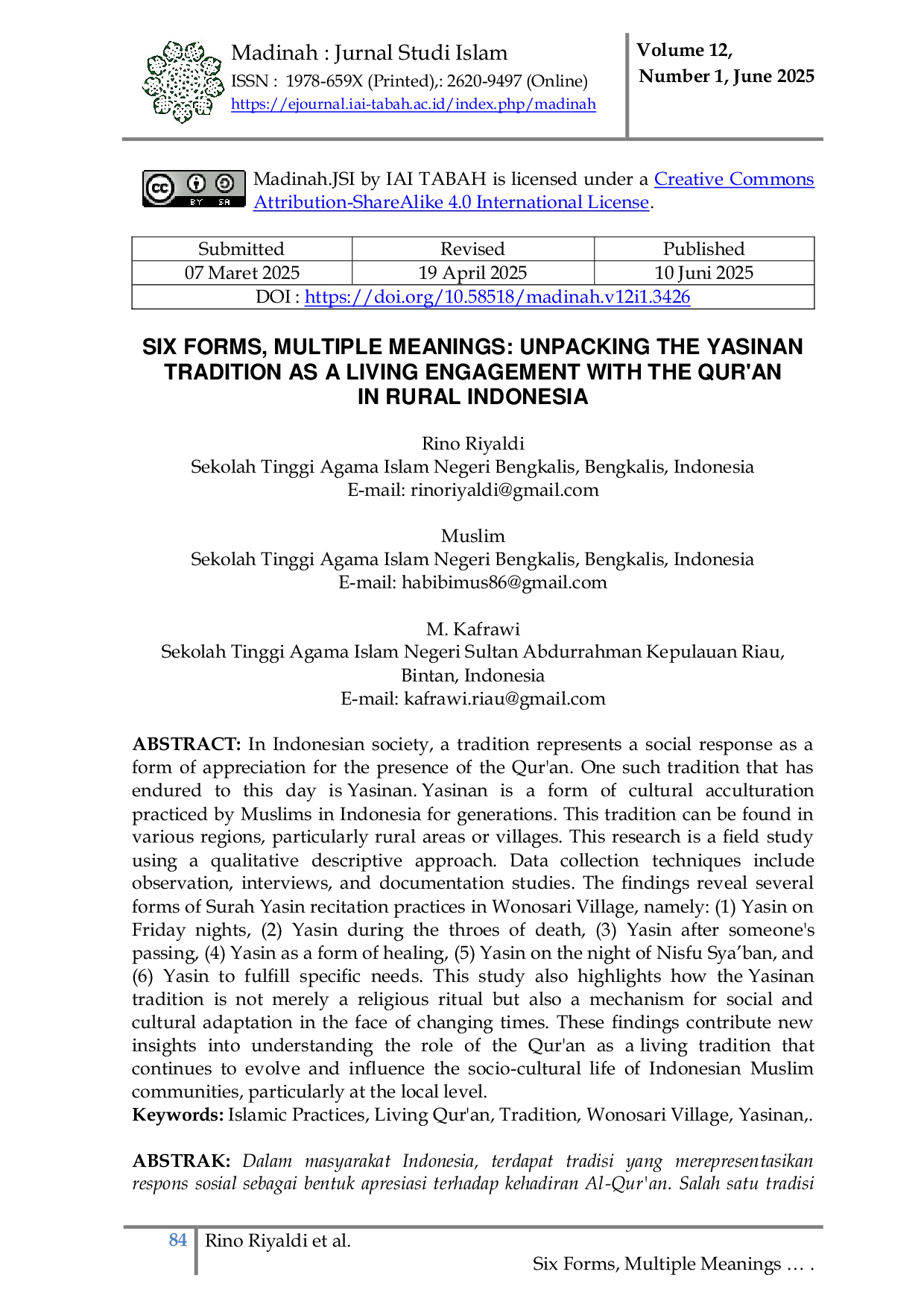 JURIS Living Qur an Dalam Tradisi Yasinan Di Masyarakat Desa Wonosari Kabupaten Bengkalis