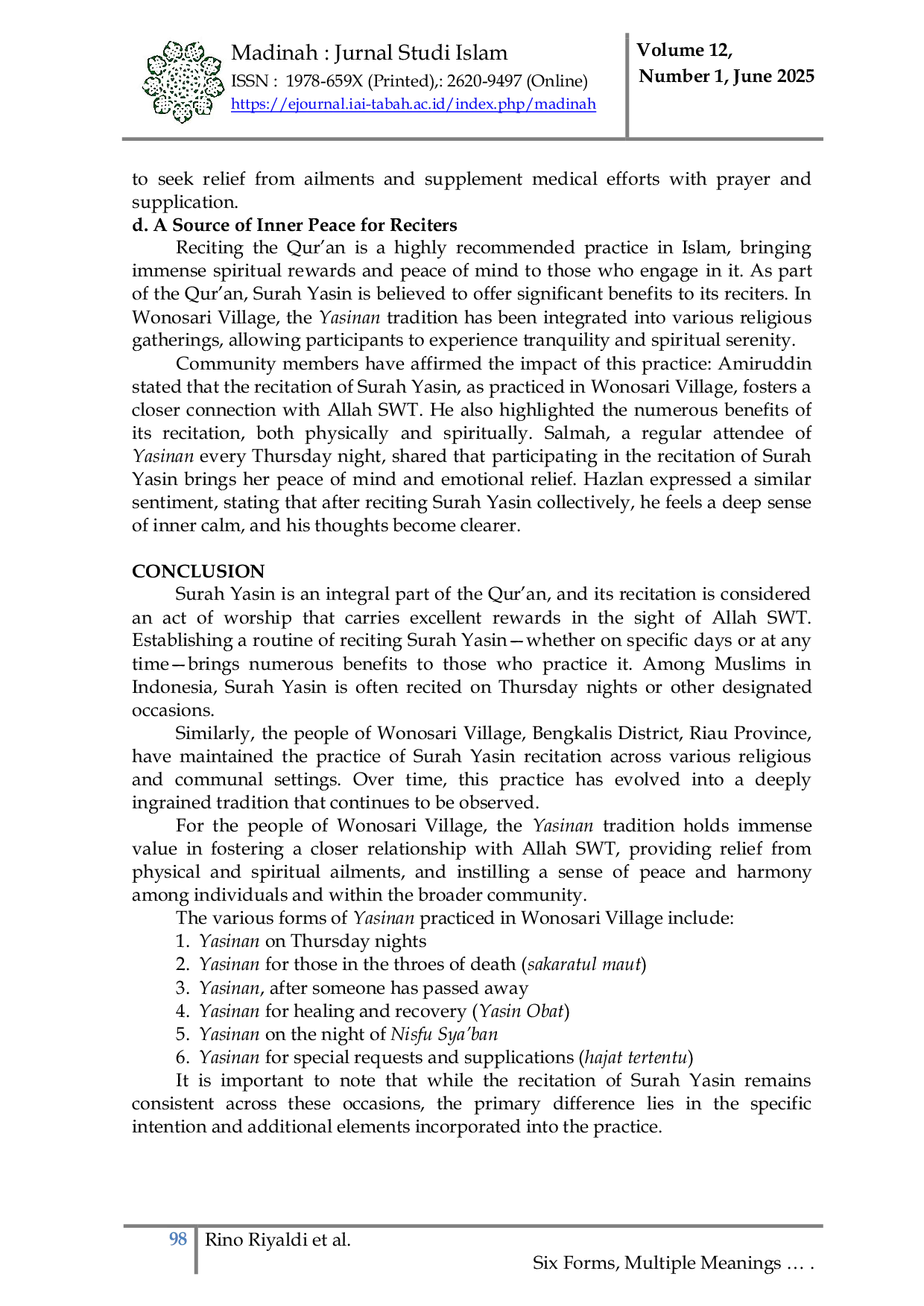 JURIS Living Qur an Dalam Tradisi Yasinan Di Masyarakat Desa Wonosari Kabupaten Bengkalis