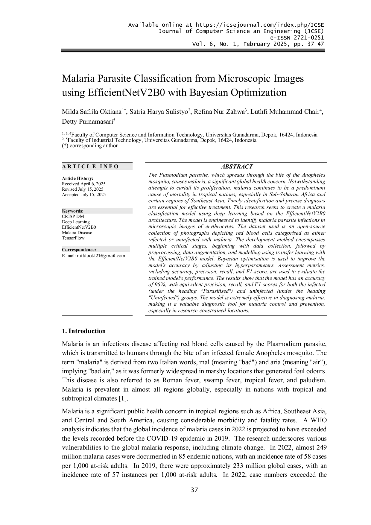 JURIS Malaria Parasite Classification from Microscopic Images using EfficientNetV2B0 with Bayesian Optimization