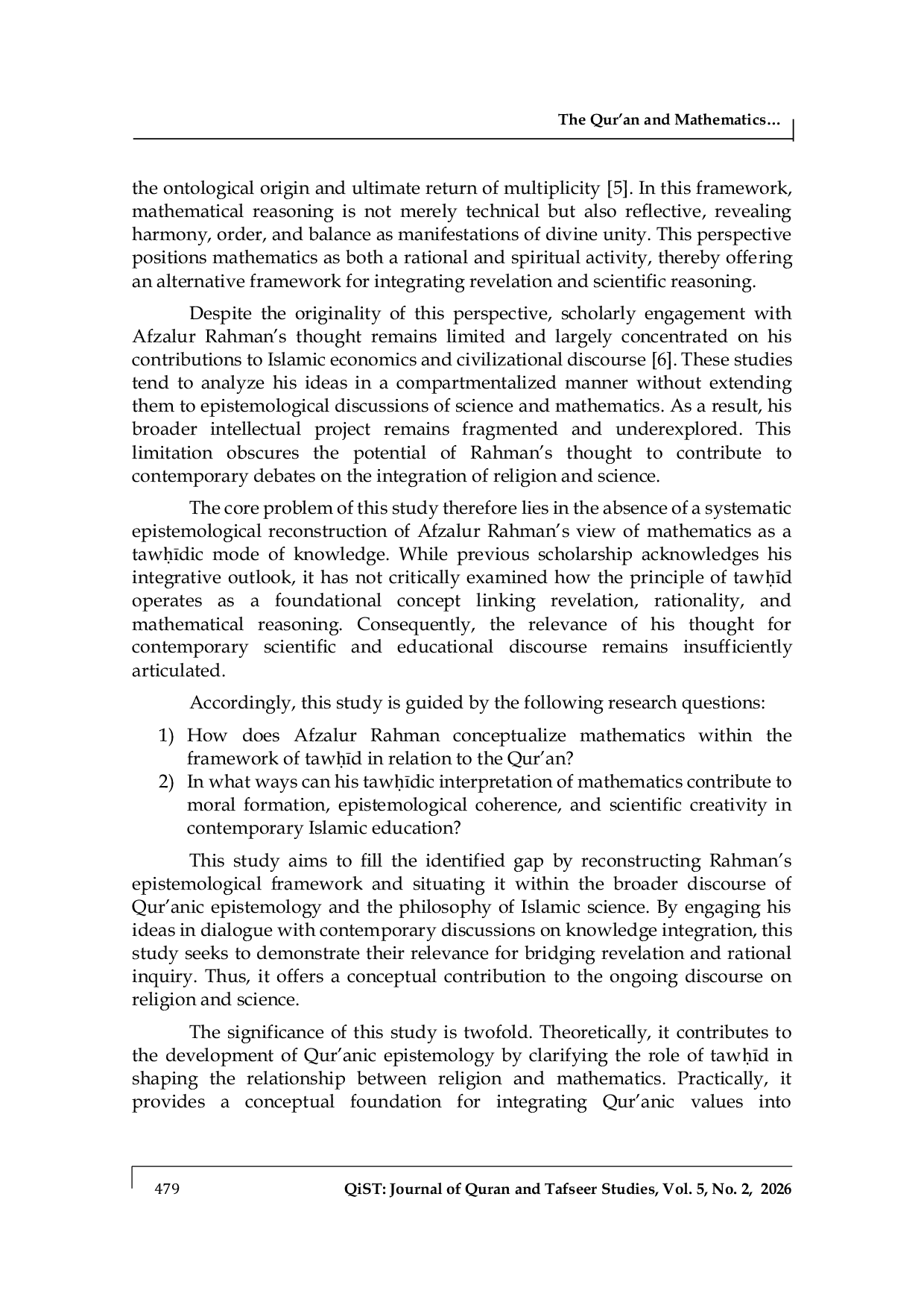 JURIS The Qur an and Mathematics The Dimension of Tawhid and Knowledge in the Perspective of Afzalur Rahman