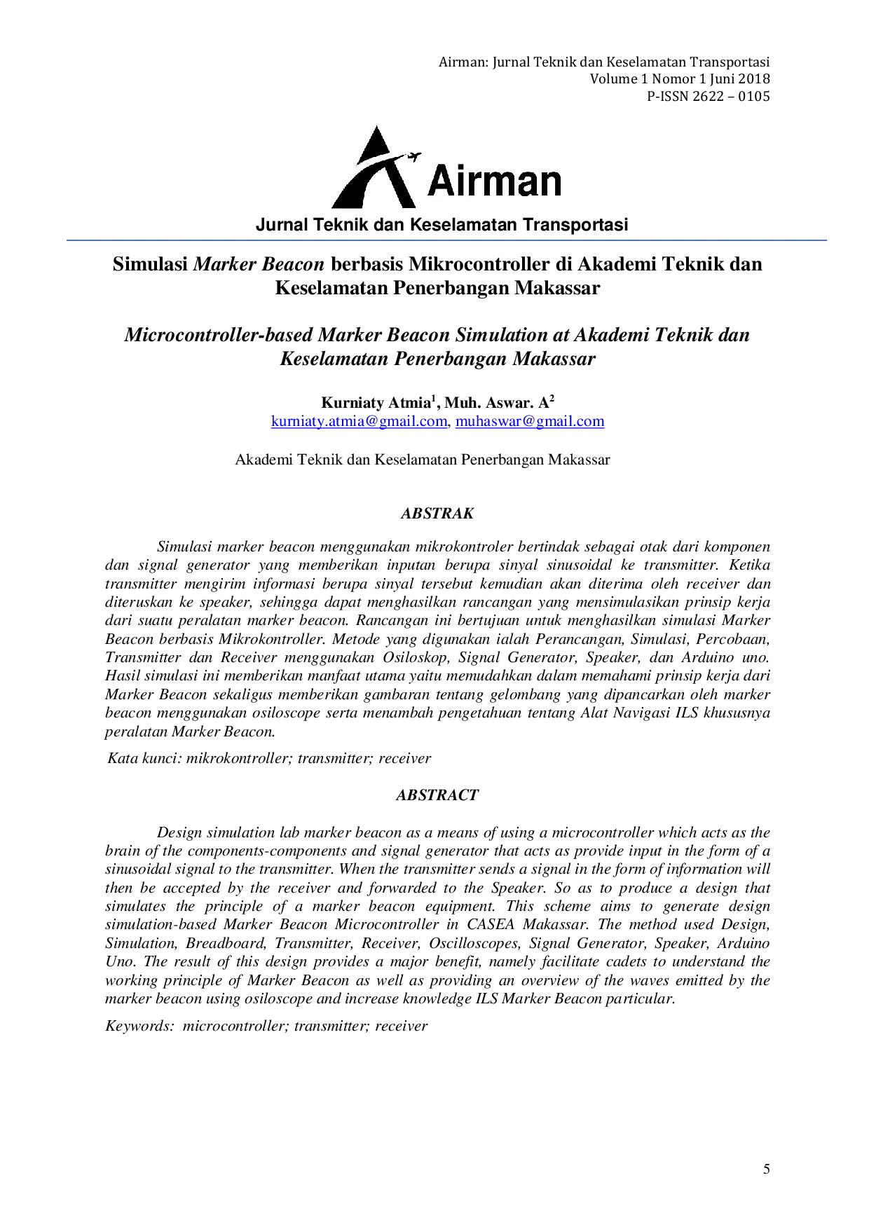 JURIS Simulasi Marker Beacon berbasis Mikrocontroller di Akademi Teknik dan Keselamatan Penerbangan Makassar
