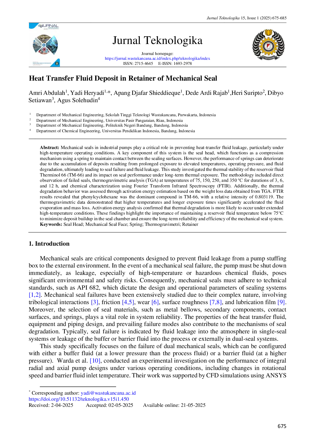 JURIS Heat Transfer Fluid Deposit in Retainer of Mechanical Seal