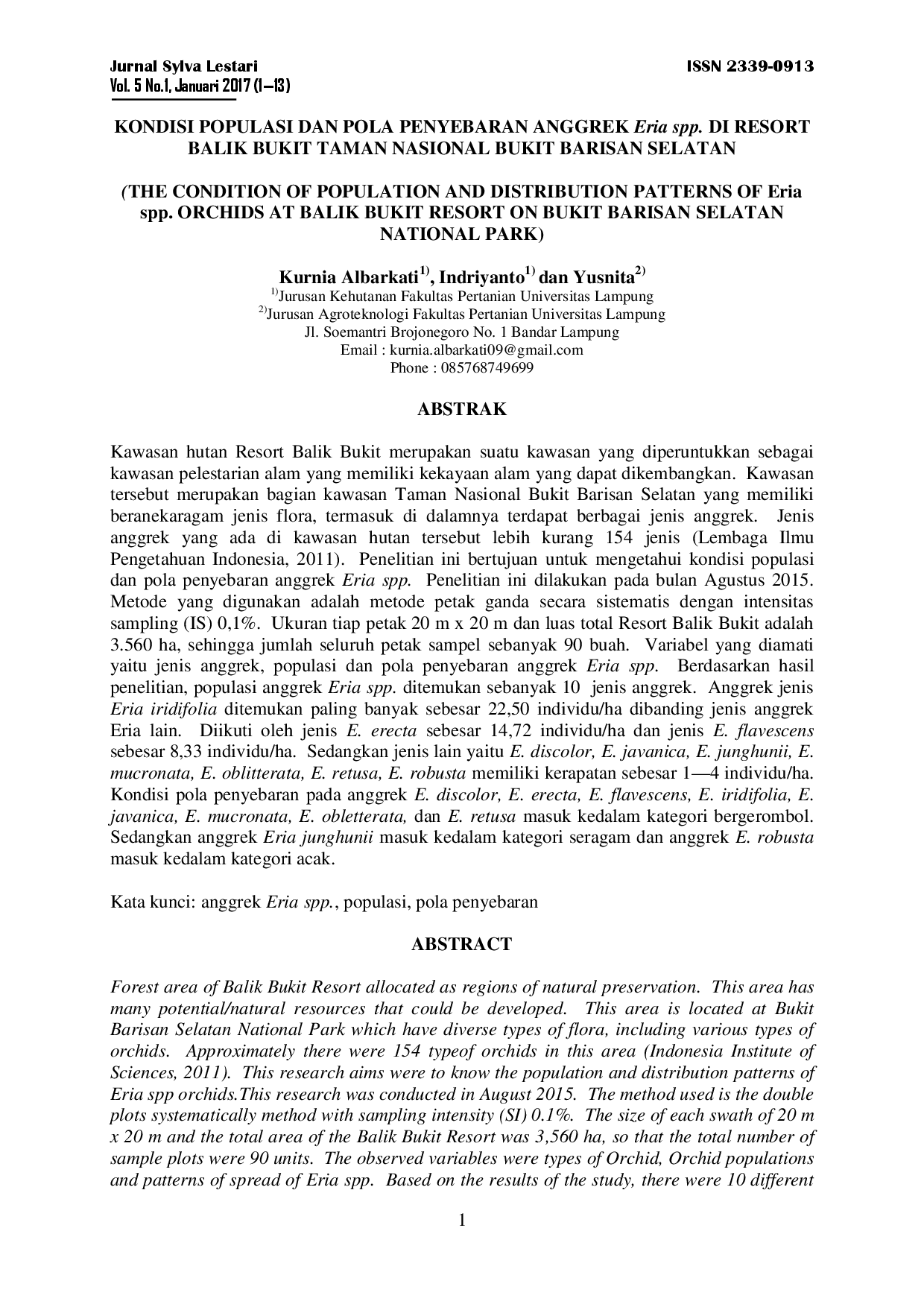 juris Kondisi Populasi Dan Pola Penyebaran Anggrek Eria Spp Di Resort Balik Bukit Taman Nasional Bukit Barisan Selatan