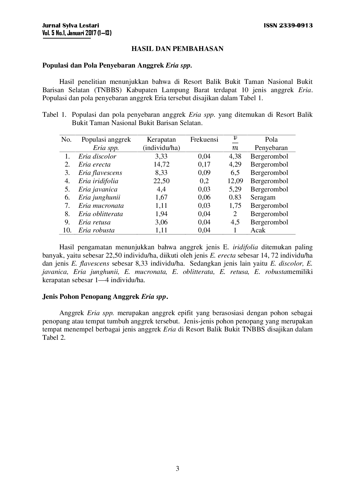 juris Kondisi Populasi Dan Pola Penyebaran Anggrek Eria Spp Di Resort Balik Bukit Taman Nasional Bukit Barisan Selatan