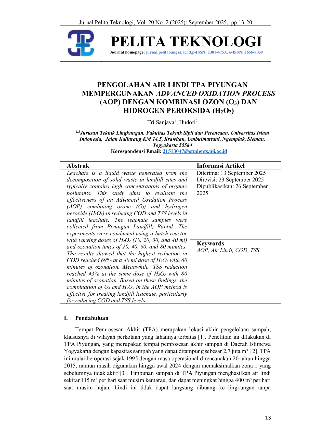 JURIS Pengolahan Air Lindi TPA Piyungan Mempergunakan Advanced Oxidation Process AOP Dengan Kombinasi Ozon O3 Dan Hidrogen Peroksida H2O2