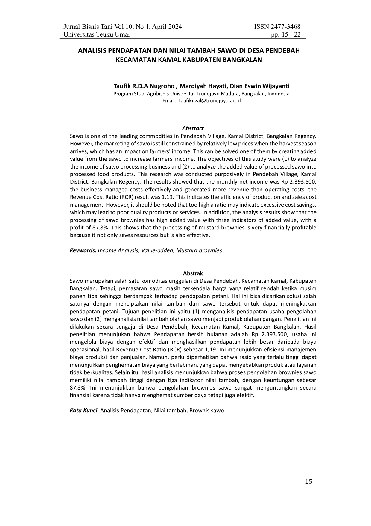 JURIS Analisis Pendapatan Dan Nilai Tambah Sawo Di Desa Pendebah Kecamatan Kamal Kabupaten Bangkalan