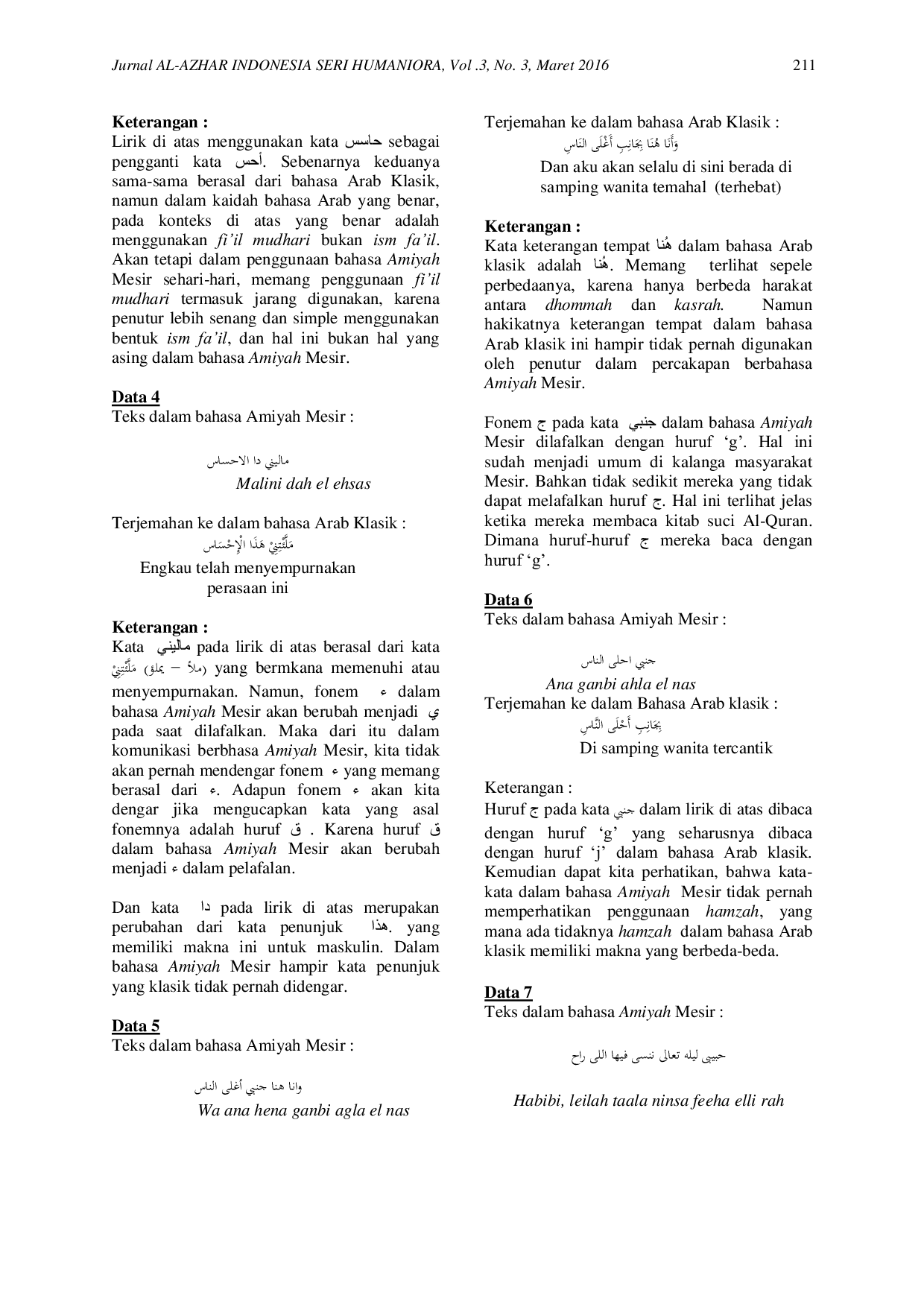 JURIS Bahasa Amiyah Mesir Sejarah Kaidah dan Perbedaanya dengan Bahasa Arab Klasik