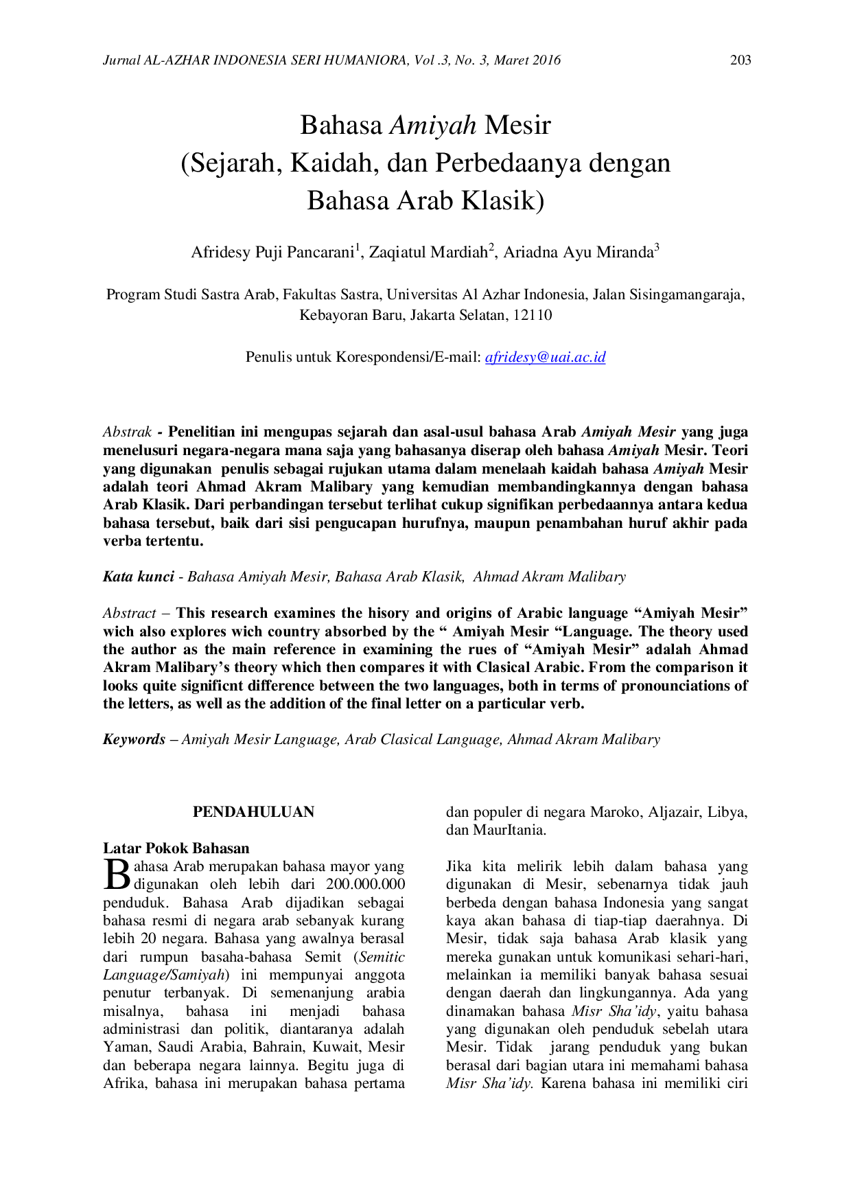 JURIS Bahasa Amiyah Mesir Sejarah Kaidah dan Perbedaanya dengan Bahasa Arab Klasik