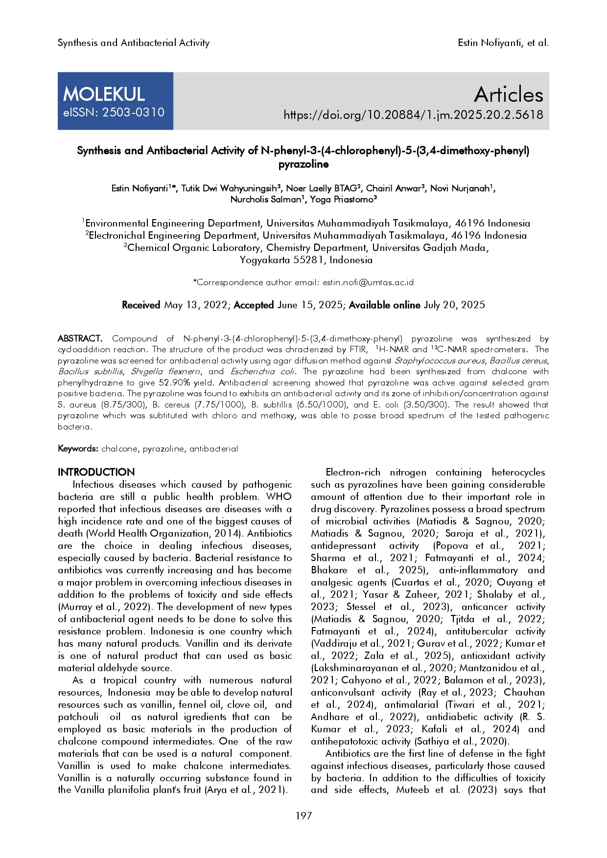 juris Synthesis and Antibacterial Activity of N phenyl 3 4 chlorophenyl 5 3 4 dimethoxy phenyl pyrazoline