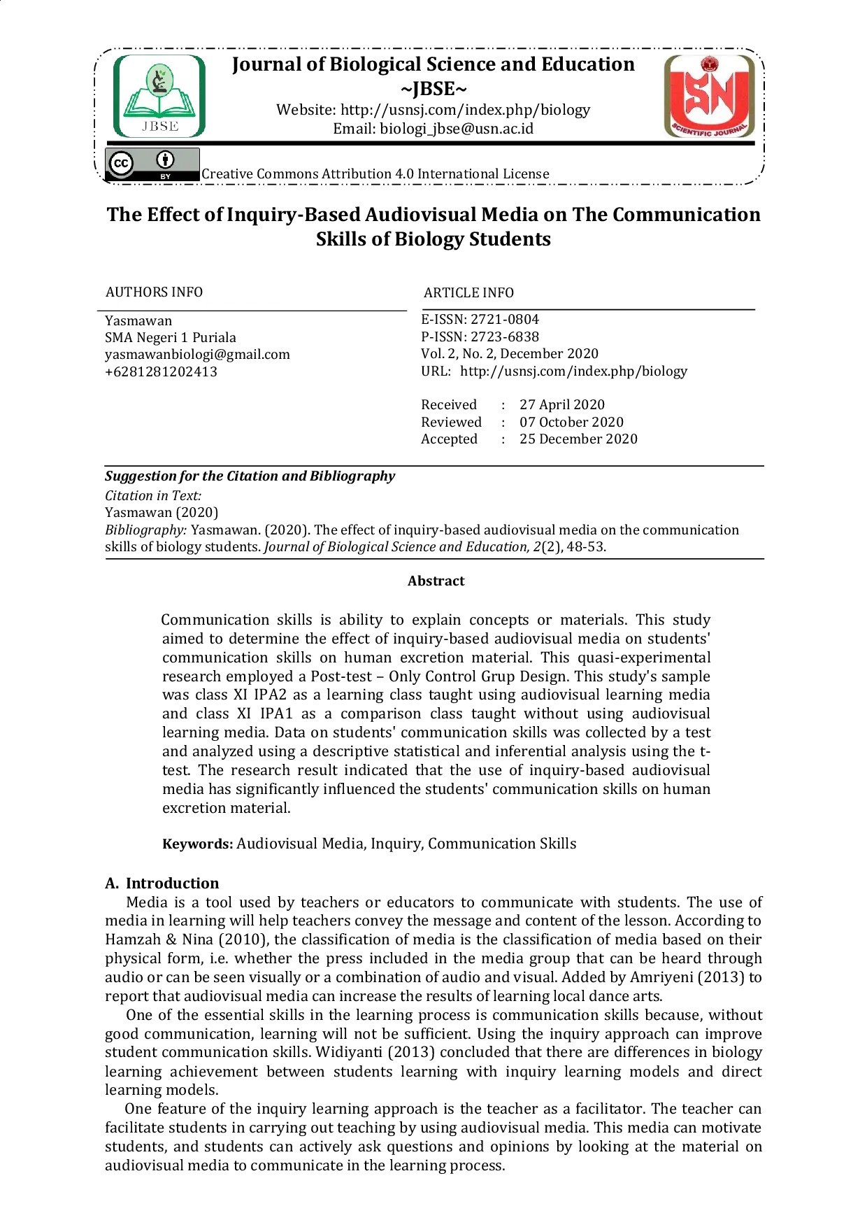 JURIS The Effect of Inquiry Based Audiovisual Media on The Communication Skills of Biology Students