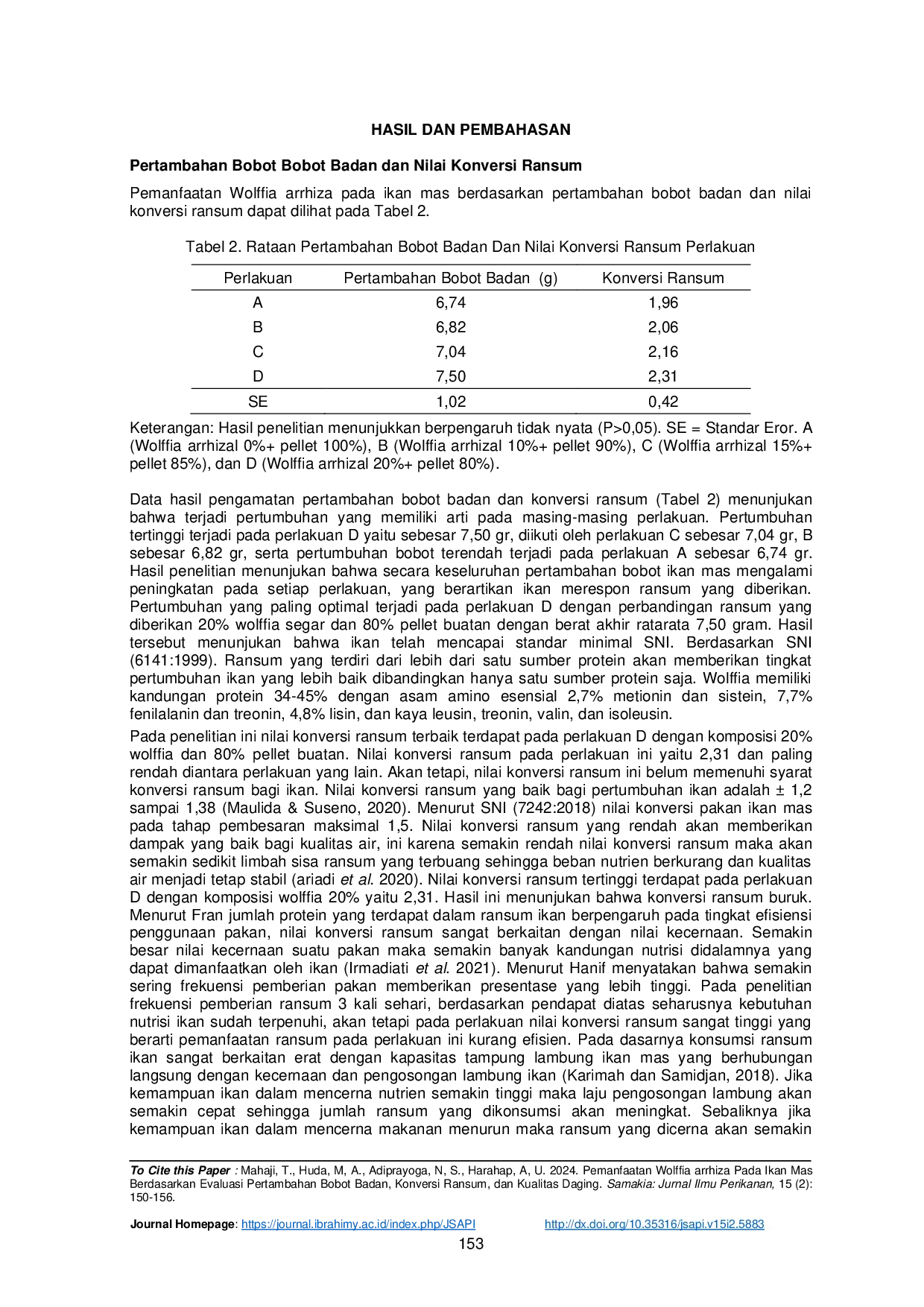 JURIS Pemanfaatan Wolffia arrhiza Pada Ikan Mas Berdasarkan Evaluasi Pertambahan Bobot Badan Konversi Ransum dan Kualitas Daging