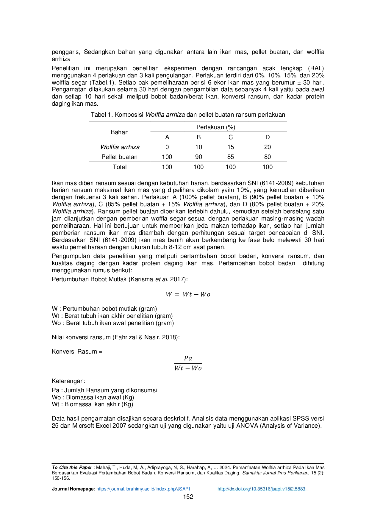 JURIS Pemanfaatan Wolffia arrhiza Pada Ikan Mas Berdasarkan Evaluasi Pertambahan Bobot Badan Konversi Ransum dan Kualitas Daging