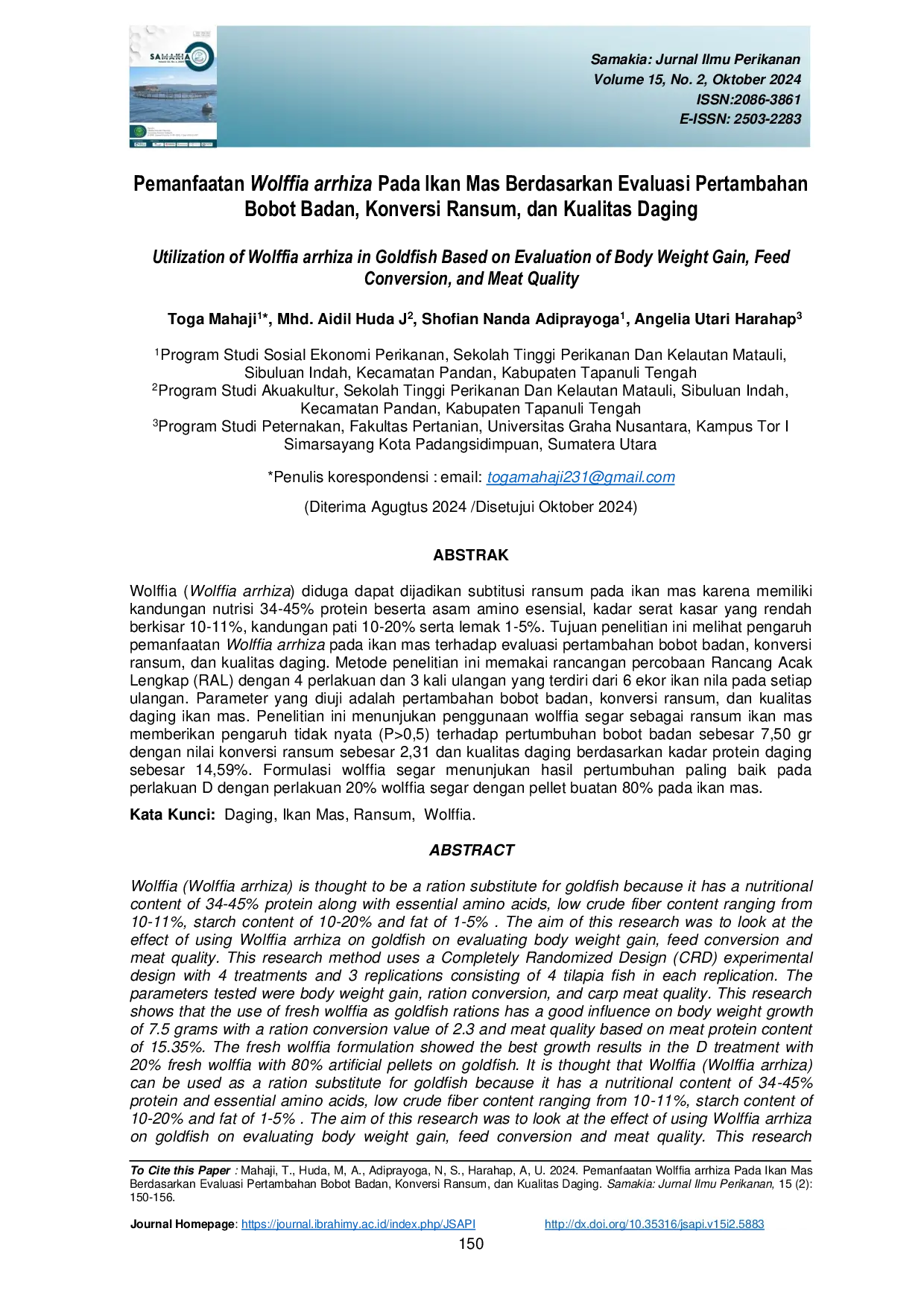 JURIS Pemanfaatan Wolffia arrhiza Pada Ikan Mas Berdasarkan Evaluasi Pertambahan Bobot Badan Konversi Ransum dan Kualitas Daging