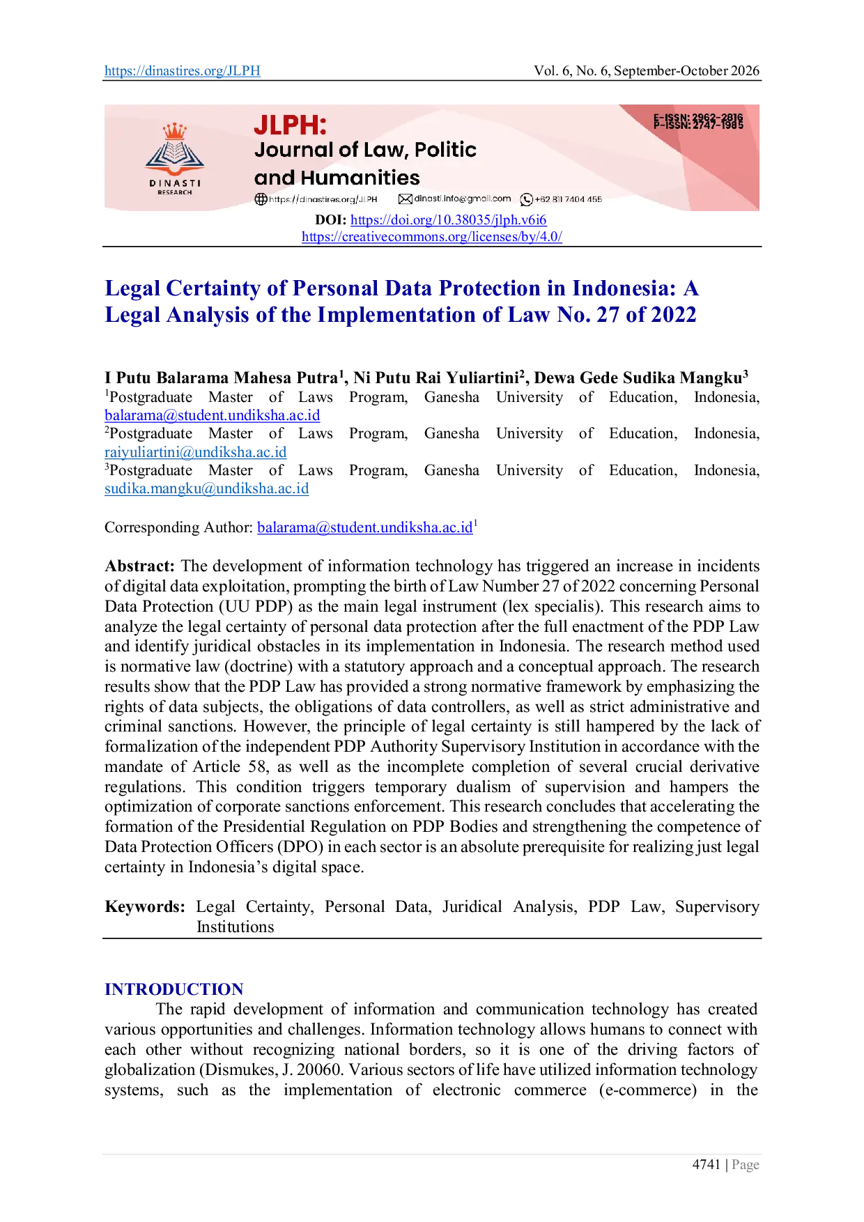 JURIS Legal Certainty of Personal Data Protection in Indonesia A Legal Analysis of the Implementation of Law No 27 of 2022