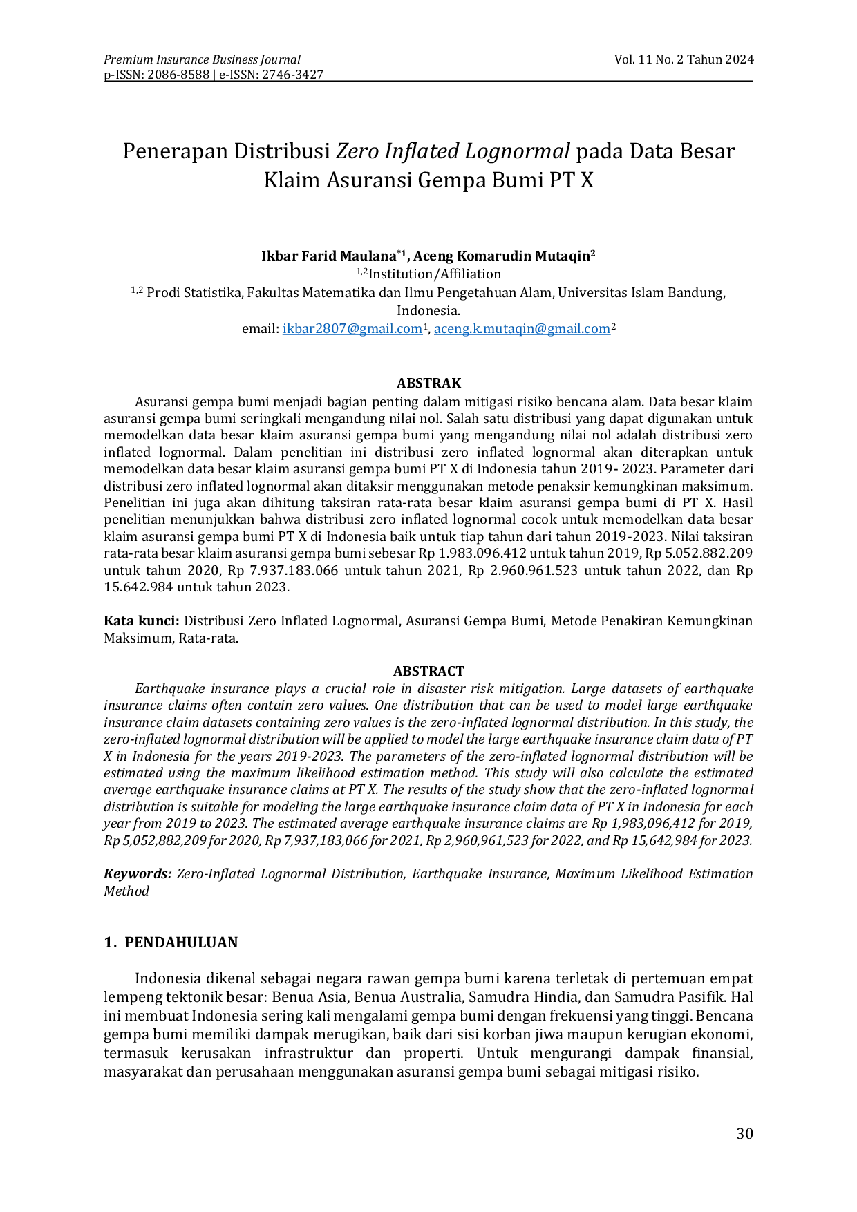 JURIS Penerapan Distribusi Zero Inflated Lognormal Pada Data Besar Klaim Asuransi Gempa Bumi PT X