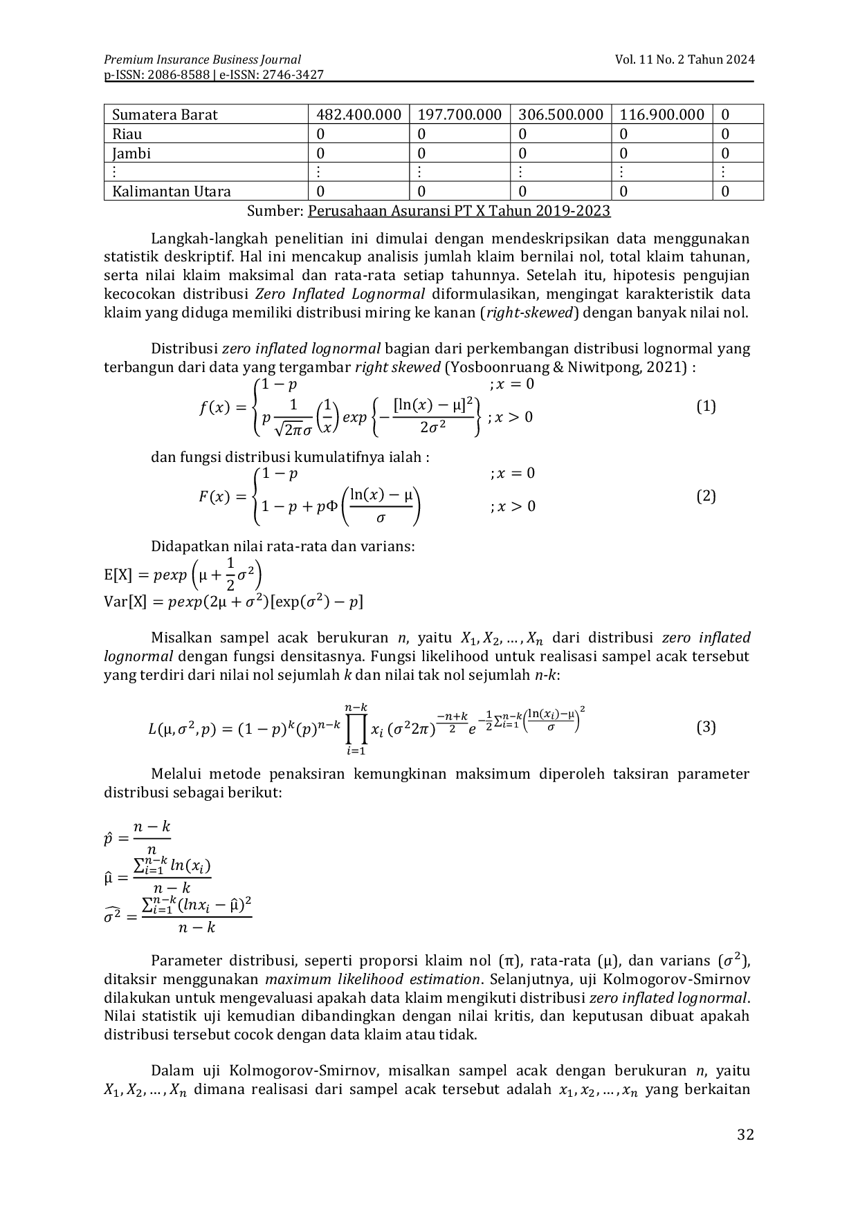 JURIS Penerapan Distribusi Zero Inflated Lognormal Pada Data Besar Klaim Asuransi Gempa Bumi PT X