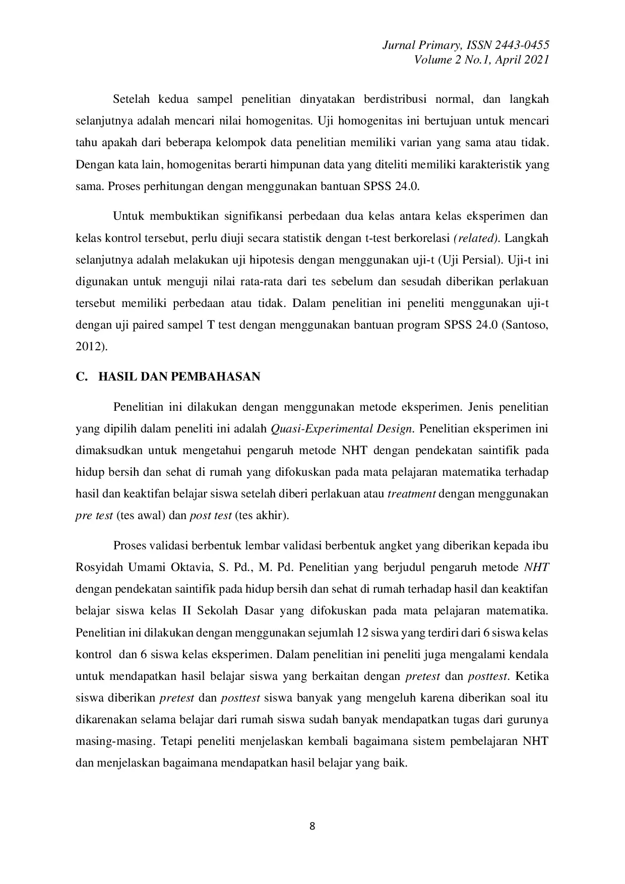 JURIS Pengaruh Metode Nht Dengan Pendekatan Saintifik Pada Subtema Hidup Bersih Dan Sehat Di Rumah Terhadap Hasil Dan Keaktifan Belajar Siswa Kelas Ii Sekolah Dasar